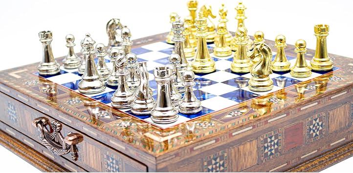 GrandGiftStore Handmade Chess Set with Drawer And Gold-Silver Chess Pieces, Wooden Chess Board with Storage, Premium Chess Set/Blue