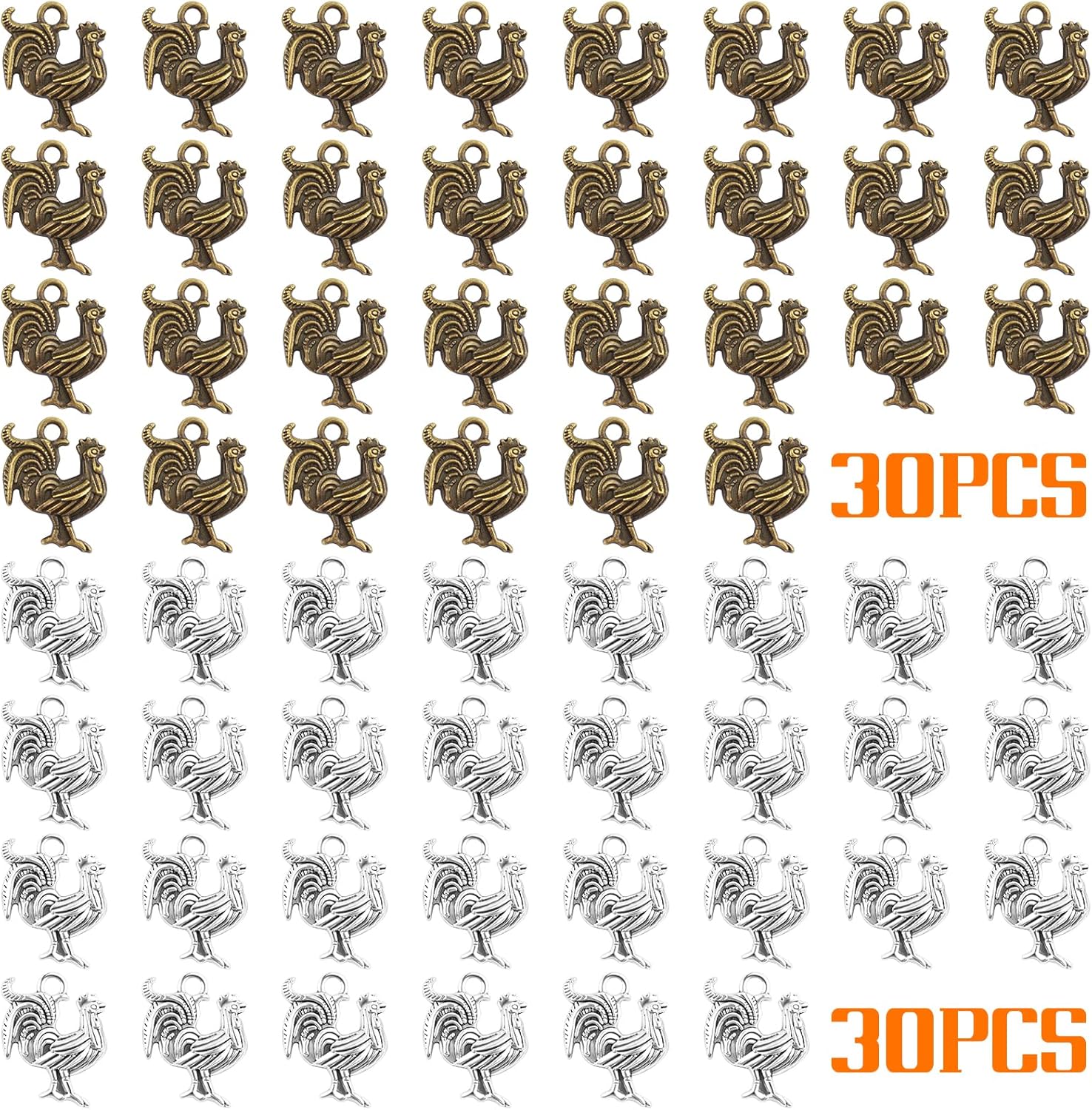 60 Pieces Antique Chicken Rooster Charms Tibetan Alloy Chicken Farm Animal Figures Dangle Pendants for DIY Bracelets Necklaces Jewelry Making Supplies, 2 Colors - Image 2