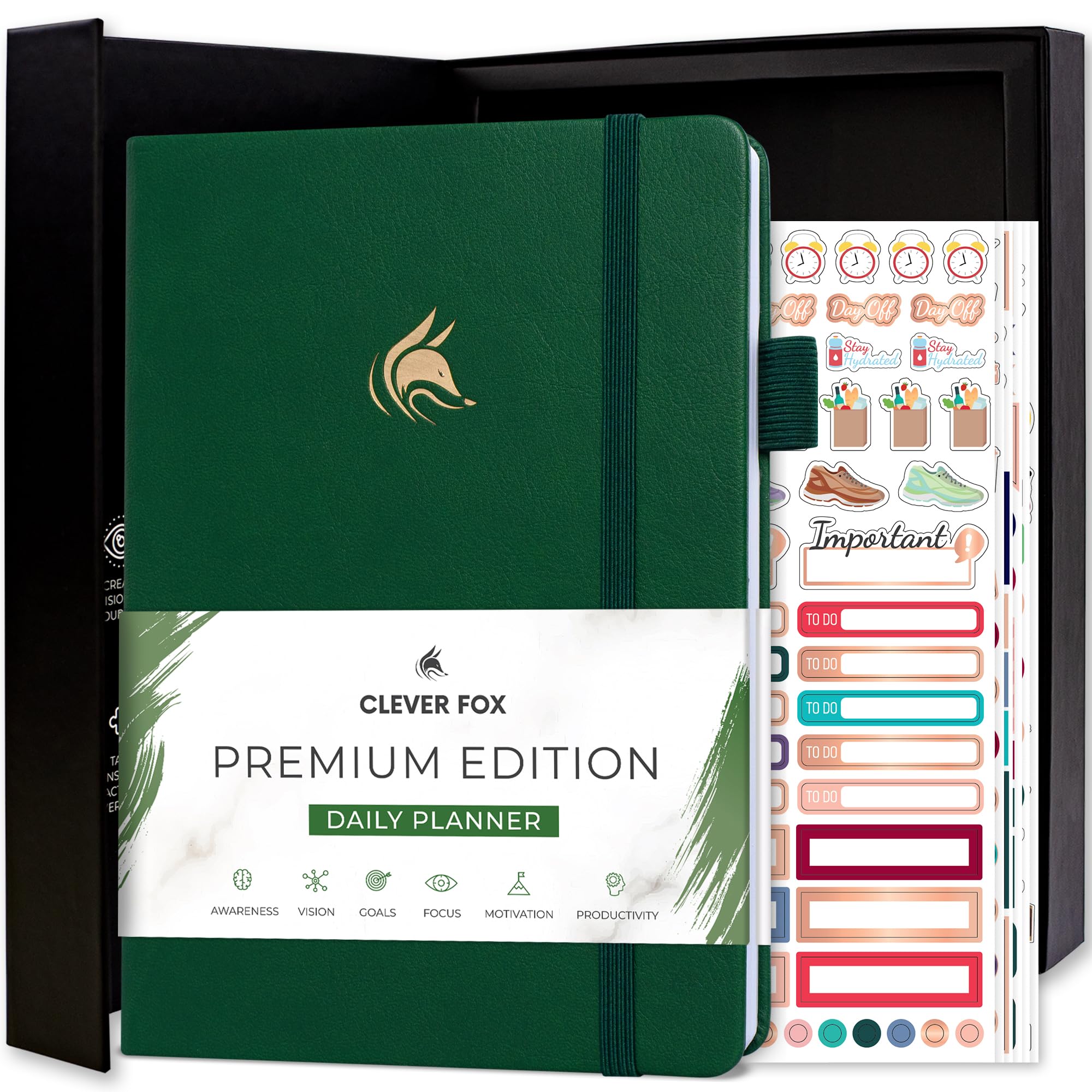 Clever Fox Planner Daily Premium – Agenda giornaliera senza data, con orario, organizzatore personale, diario della produttività, 6 mesi (verde foresta)