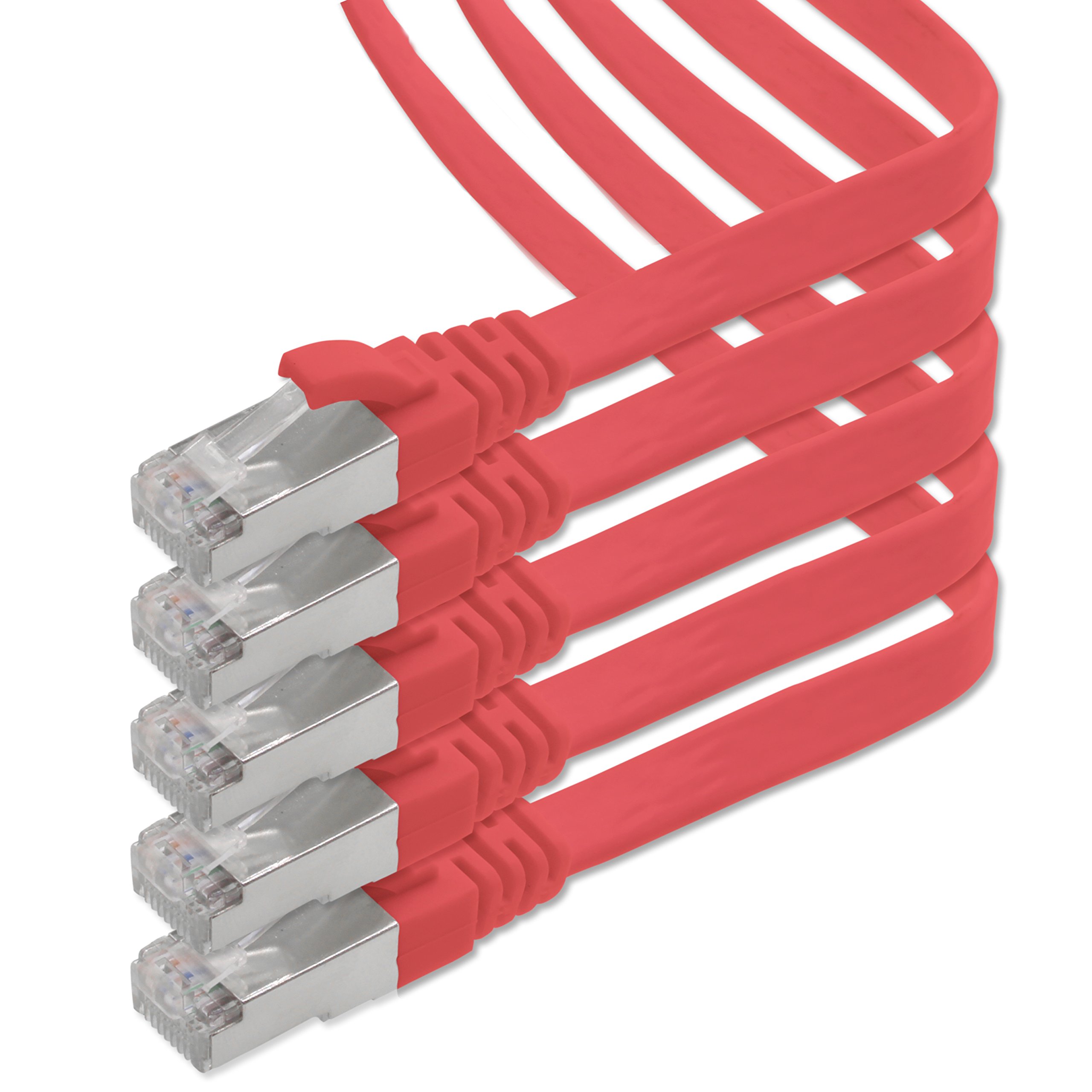 1aTTack.de 0.5m - rot - 5 Stück CAT.7 Gigabit Ethernet LAN Flachband Flachbandkabel (RJ45) Netzwerkkabel Rohkabel (10Gbit/s) Verlegekabel Flach Slim kompatibel zu Cat.5 - Cat.5e - Cat.6