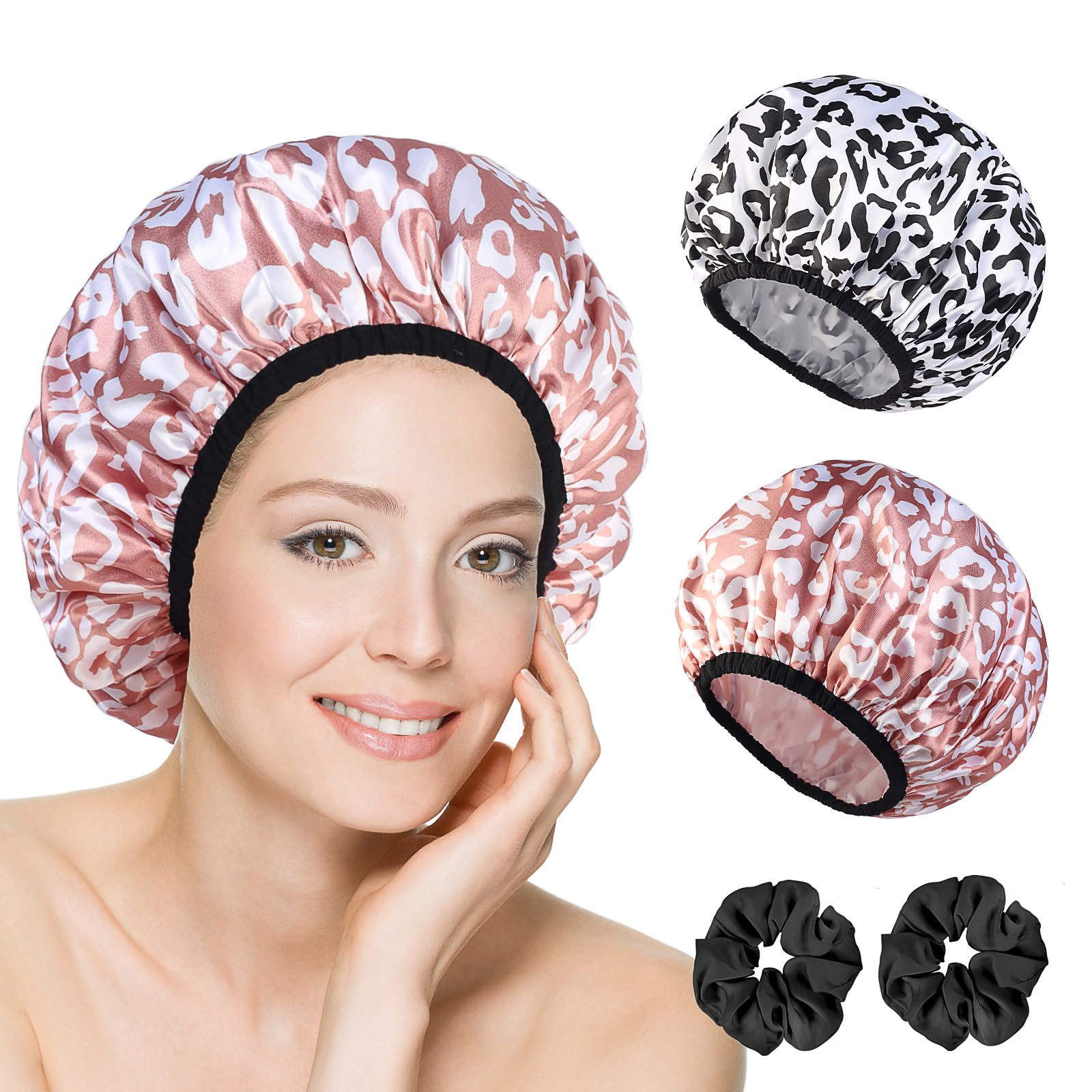 RosyReeds 2-Pack Reusable Waterproof Shower Caps for Women, Double-Layer Elastic Bath hat,Extra Large Hair Cap for Long Curly Hair（White, Pink）