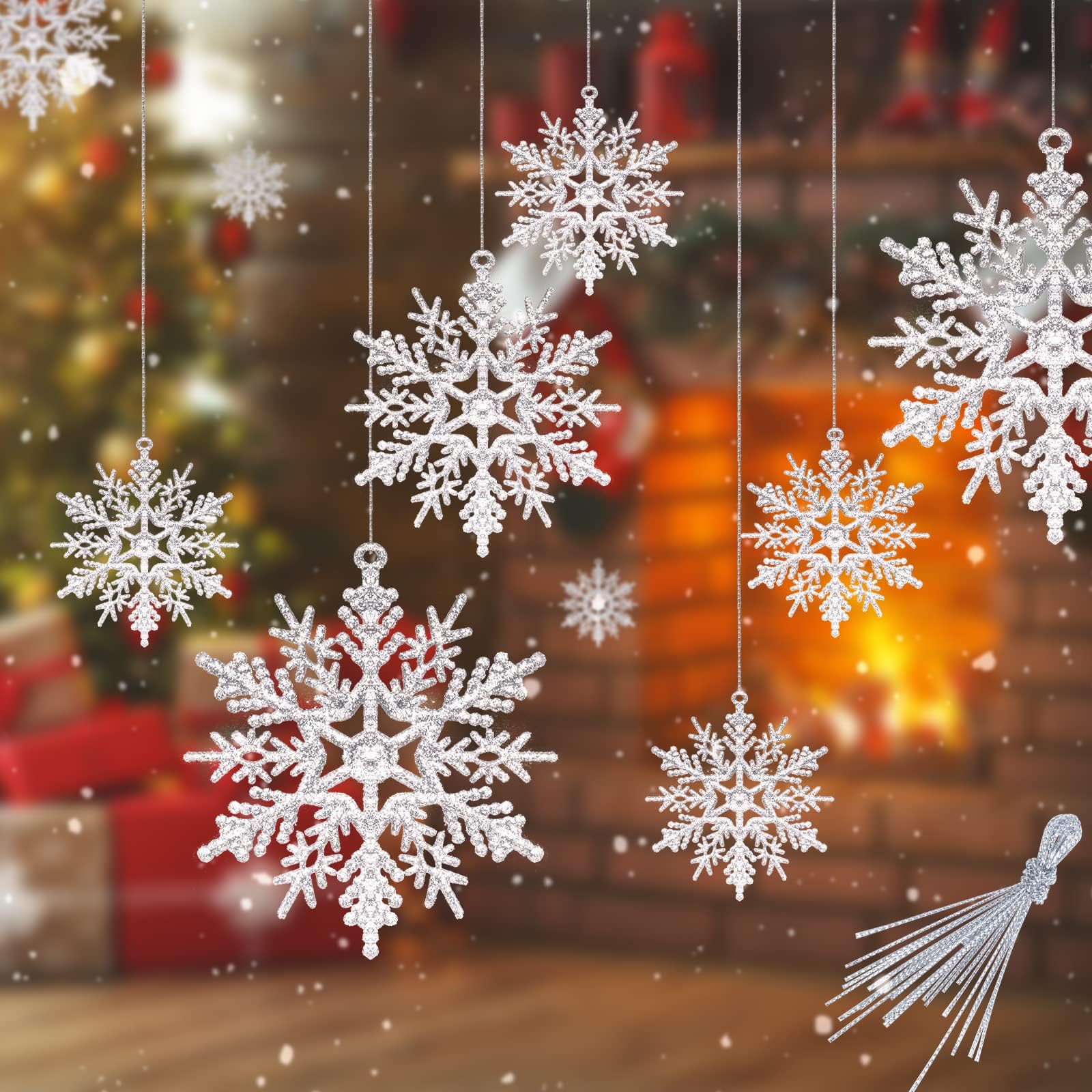 Christmas Snowflake Decorations, 40pcs Glitter Snowflake Ornaments, Silver Christmas Ornaments, Christmas Tree Ornaments Decoration