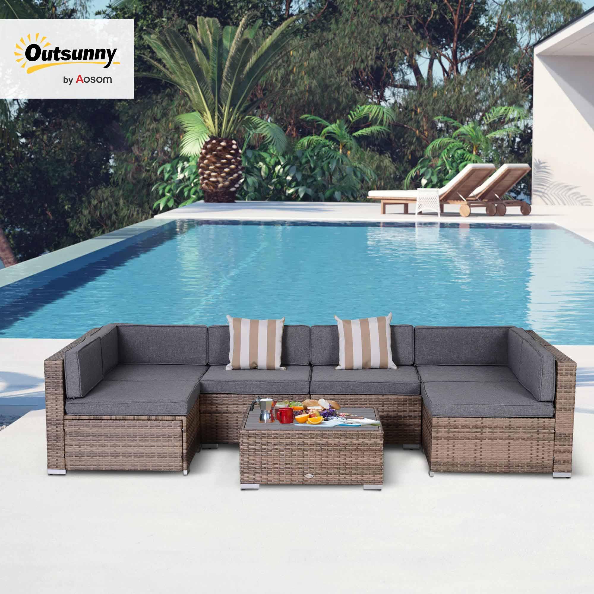Juego de muebles de patio de 7 piezas, juego de conversación de mimbre para exteriores, juego de sofá modular de ratán PE para todo tipo de clima, con cojines y mesa de madera sintética, 2