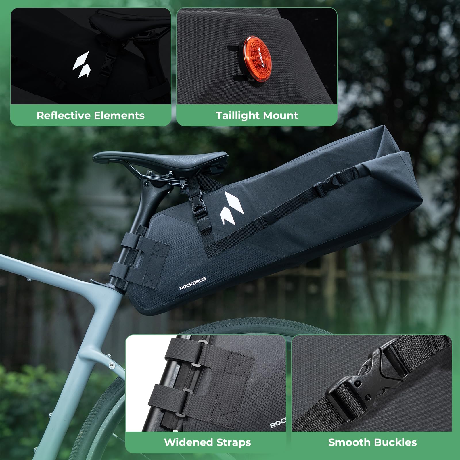 ROCKBROS Torba na siodełko rowerowe, 13 l, wodoodporna, z uchwytem, odblaskowa torba do przechowywania rowerów górskich, szosowych, żwirowych, czarna
