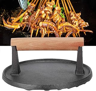 Ferramenta de churrasco Prensa de Grelha Redonda Ferramenta de Churrasco Ferro Fundido Prensa de Grelha Peso com Cabo de Madeira Prensa de Bife Grelha Assada Ferramenta de Pressão de Carne Frita