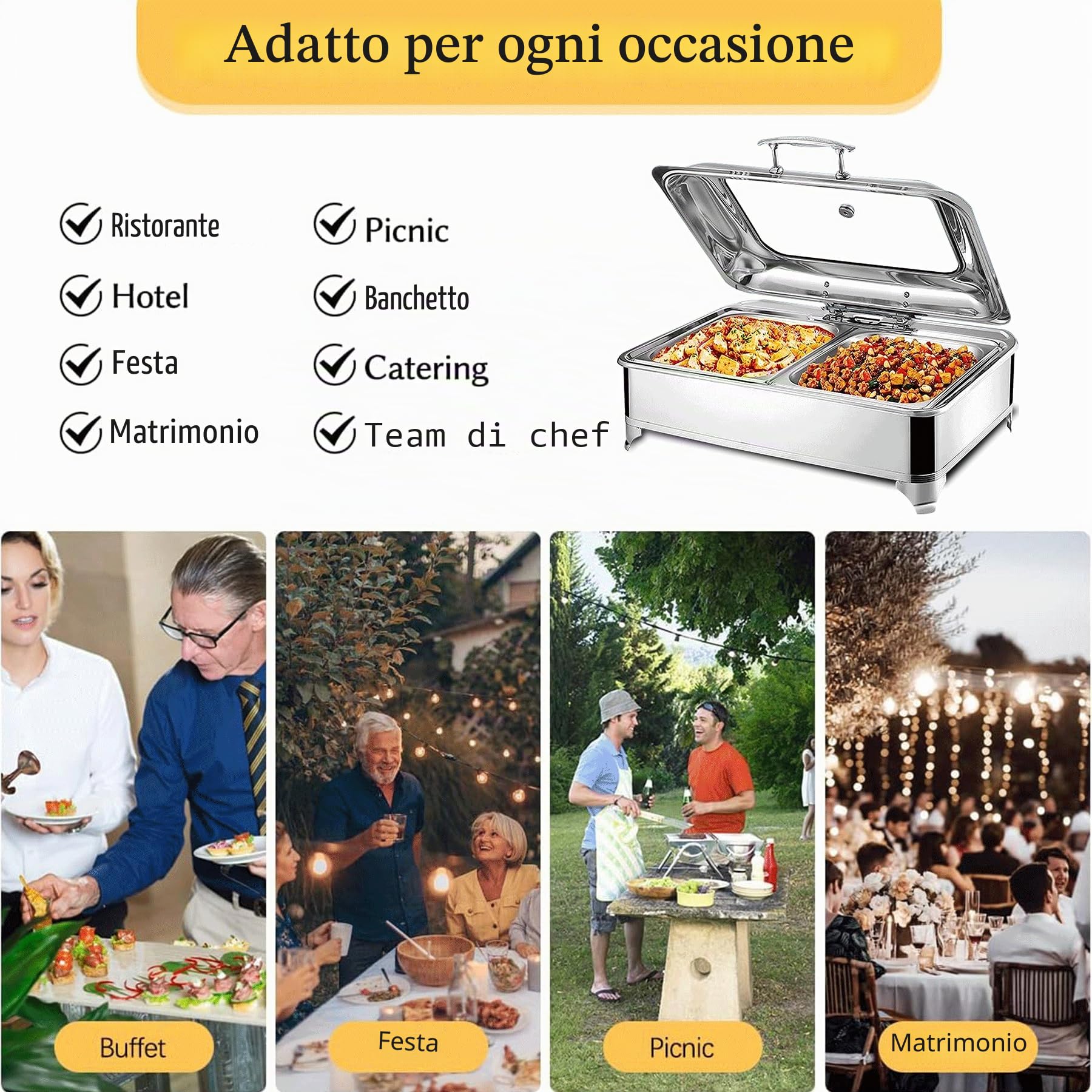 Chafing Dish Elettrico, 9L Scaldavivande Elettrico per Buffet(1/3) | Contenitore Scalda Cibo Professionale con Coperchio in Vetro per Feste e Banchetti, Temperatura Regolabile (0-85℃)