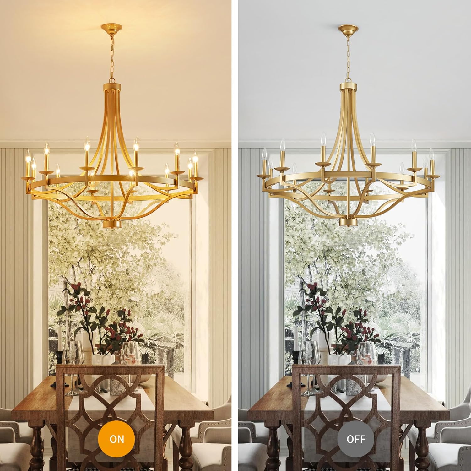 WUZUPS 12-Light Wagon Wheel Metal Candle Chandelier Round Pendant Ceiling Lighting Rustic Farmhouse Fixture Kitchen Island Dining Room, H 39.4" W10, E12 Base, Gold