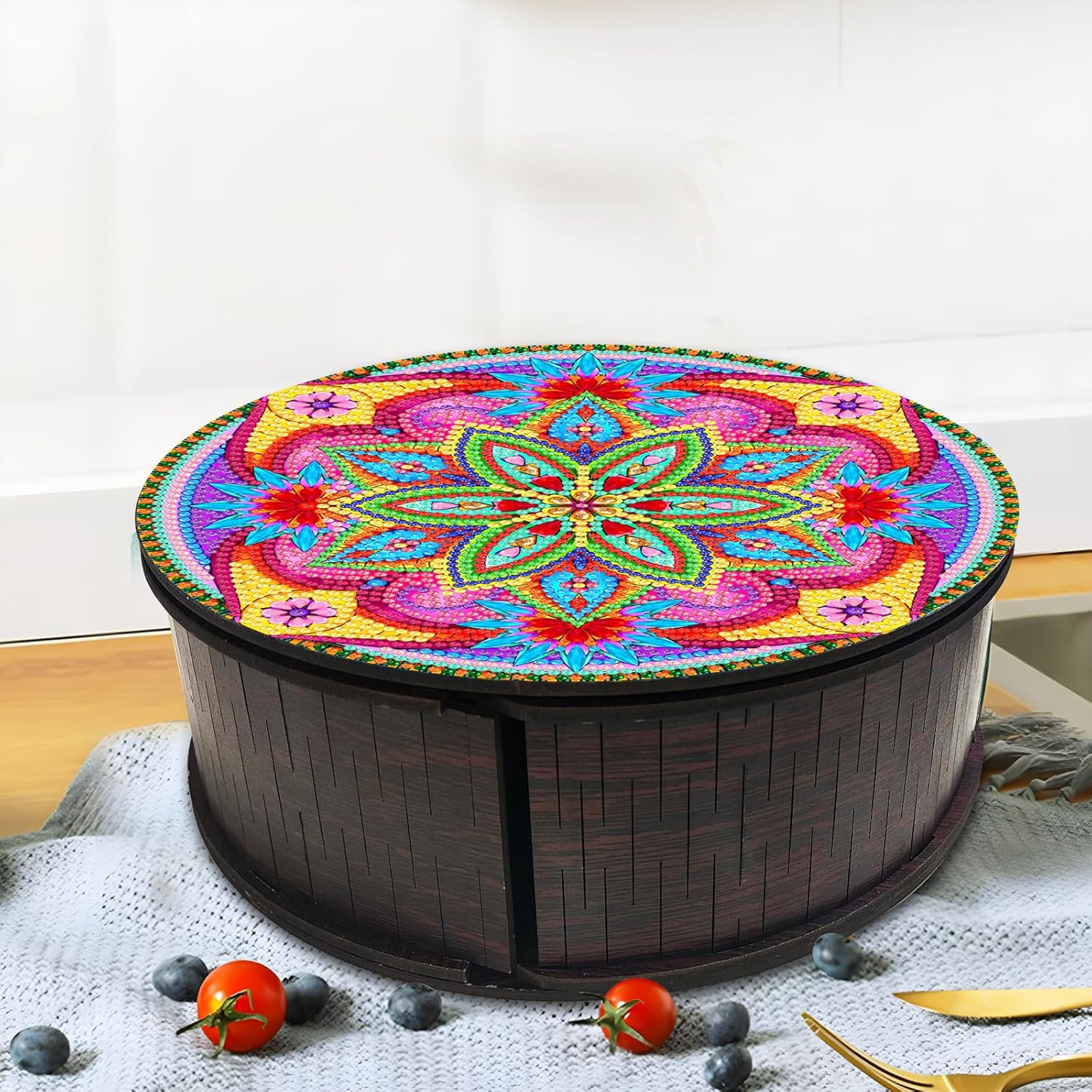 Mandala Diamond Art Painting Round Decorative Box DIY Kits 5D Diamond Art Wood Boxes Jewelry Trinket Storage Box Special Shaped Crystal Paint by Number Crafts for Ladies Bedroom Dresser Desktop Decor