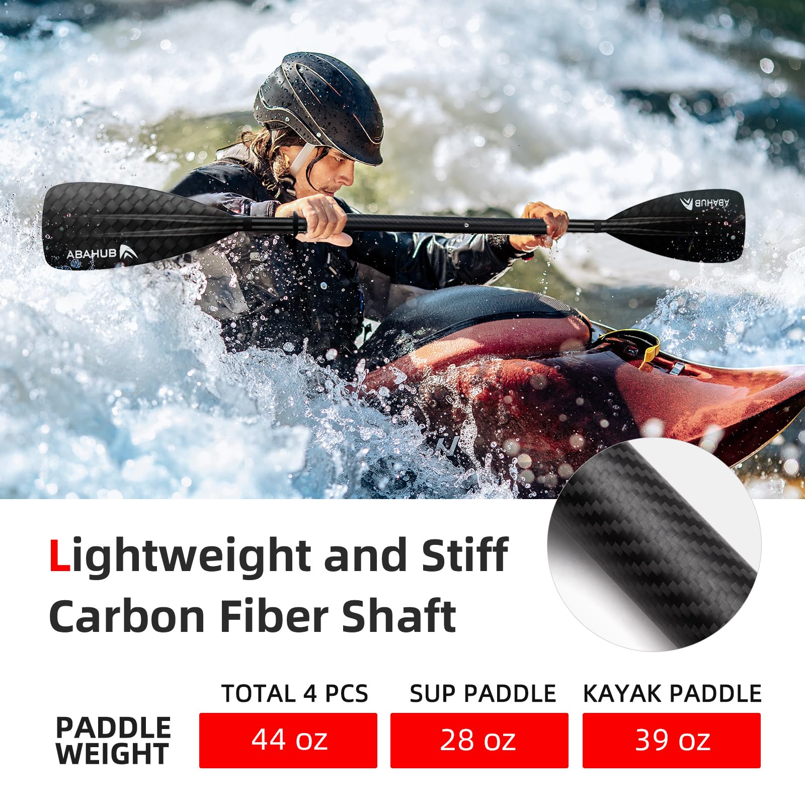 Abahub 4 teilige Carbon SUP/Kajak Paddel, verstellbares Stand Up Paddleboard, Leichter Carbonschaft, mit Carbonmuster der Paddelblatt 12k Kunststoffklinge