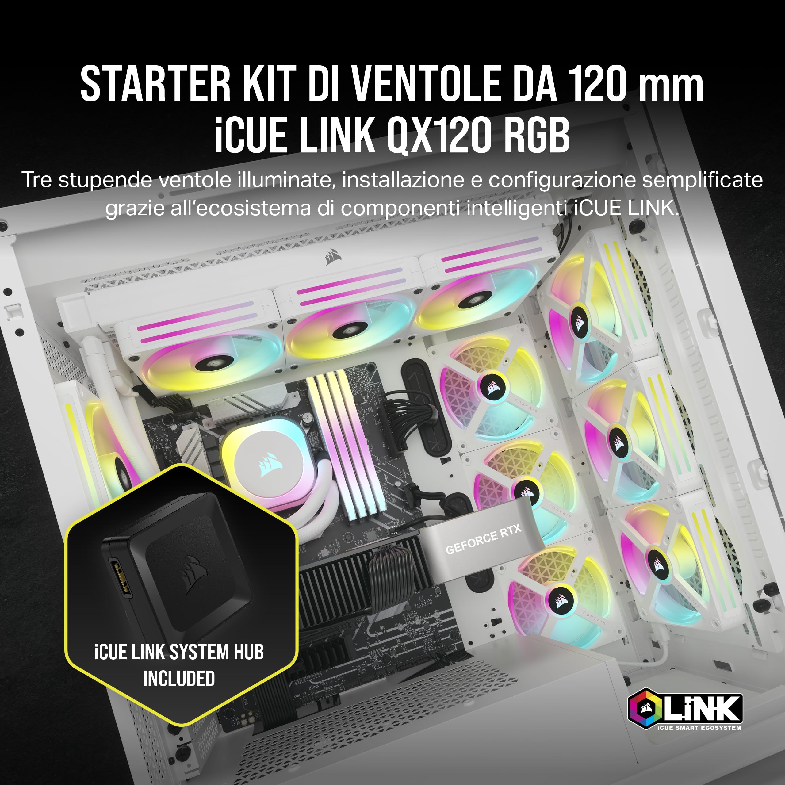 CORSAIR iCUE LINK QX120 RGB Cupola Magnetica da 120 mm Ventole - Tripla Ventole Starter Kit con iCUE LINK System Hub - Bianco