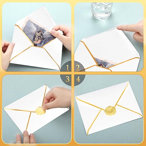 Miniatura 4 de 50 sobres A7 de 5 x 7 sobres de tarjetas con solapa en V con borde dorado para oficina, tarjetas de invitación de boda, tarjetas de felicitación de