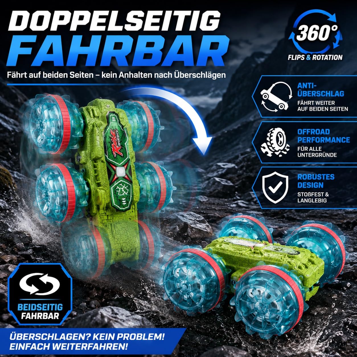 Ferngesteuertes Auto Amphibienfahrzeug Kinder, RC Auto Wasser & Land mit 2 Akku, 360° Drehung, Doppelseitiges Fahren, LED Licht, 2.4GHz RC Truck für Kinder ab 6 7 8 9 10 11 12 Jahre Jungen Mädchen