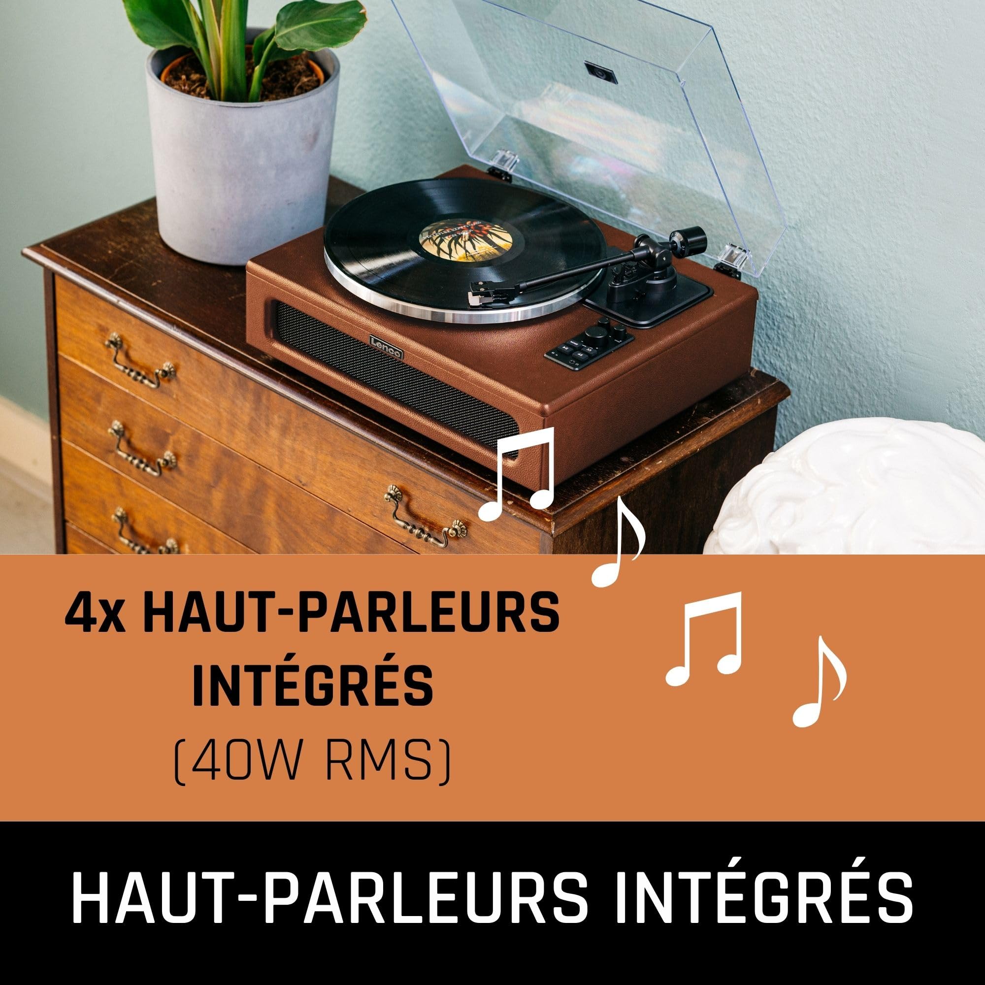 Lenco LS-430 Vinyle, Platine Vinyle, Tourne Disque, Platine Vinyle Bluetooth - haut-parleurs intégrés 40 W RMS - entraînement par courroie - contrôle de tonalité - préampli - RCA et AUX - marron