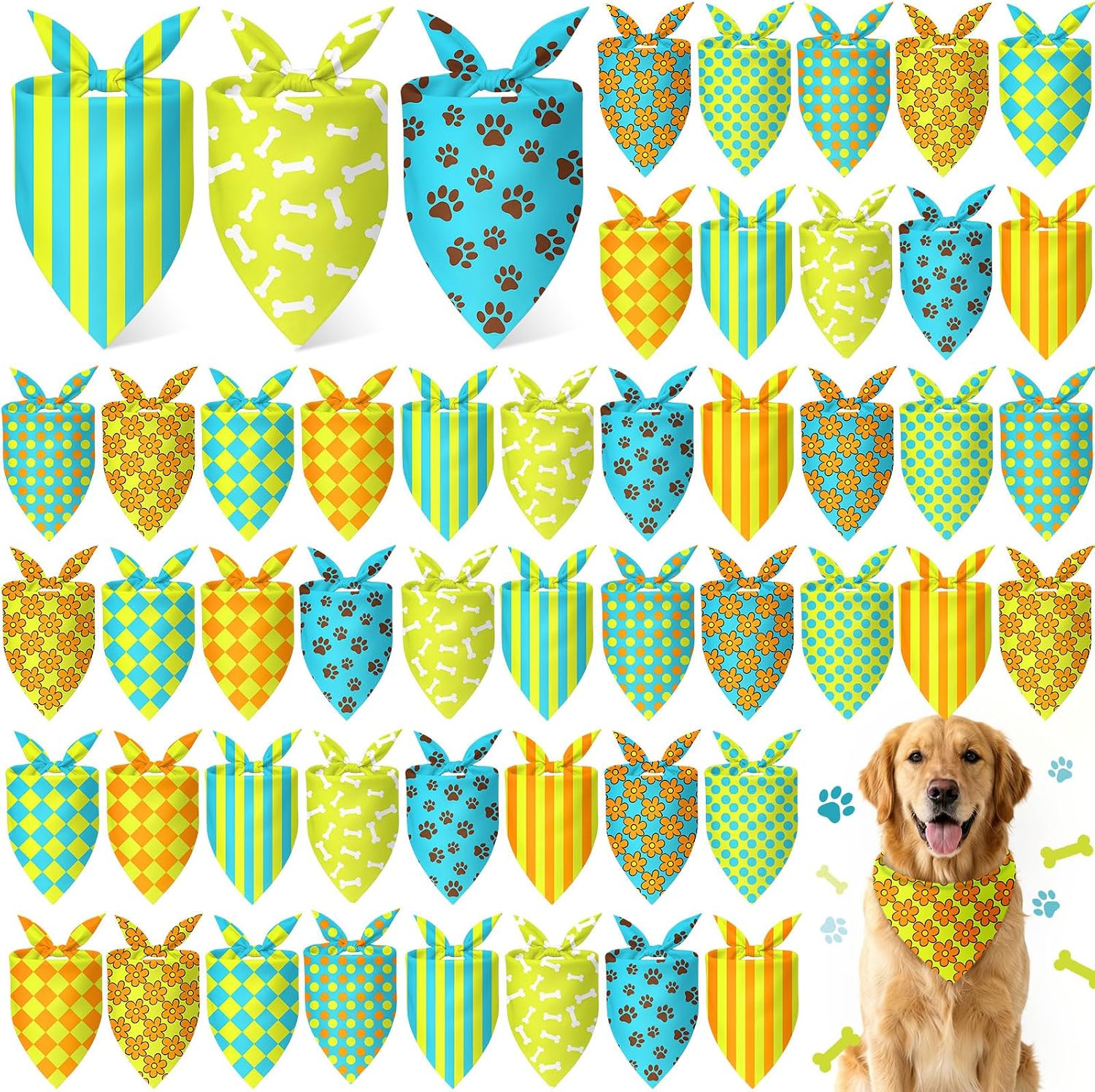 Weewooday 50 Pcs Cartoon Dog Bandana Bulk for Hippie Paw Print Flower Adventure Cute Triangle Soft Dog Bibs Summer Theme Birthday Party Supplies for Small Medium Large Costume 31.5 x 21.7 X21.7 Inch