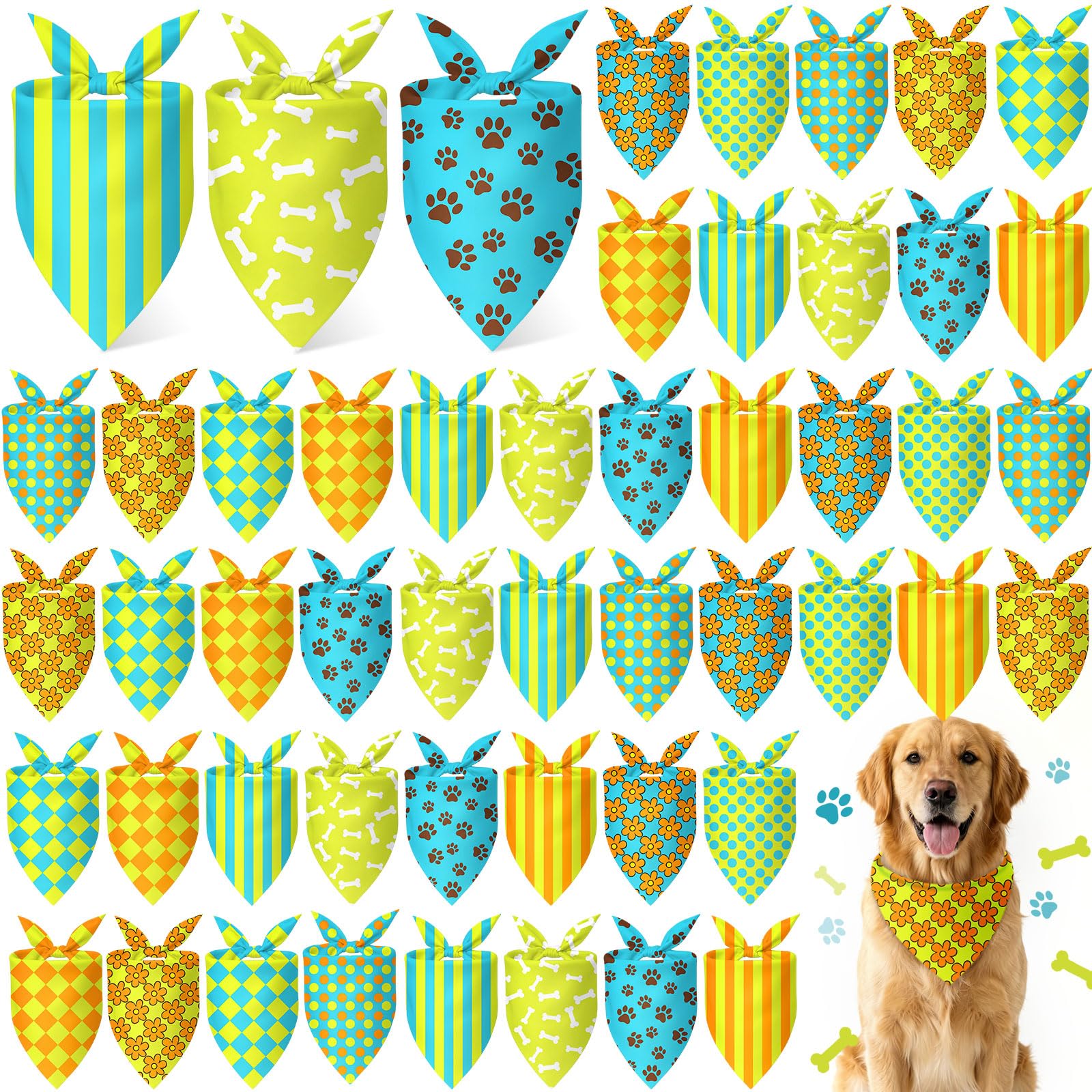 Weewooday 50 Pcs Cartoon Dog Bandana Bulk for Hippie Paw Print Flower Adventure Cute Triangle Soft Dog Bibs Summer Theme Birthday Party Supplies for Small Medium Large Costume 31.5 x 21.7 X21.7 Inch