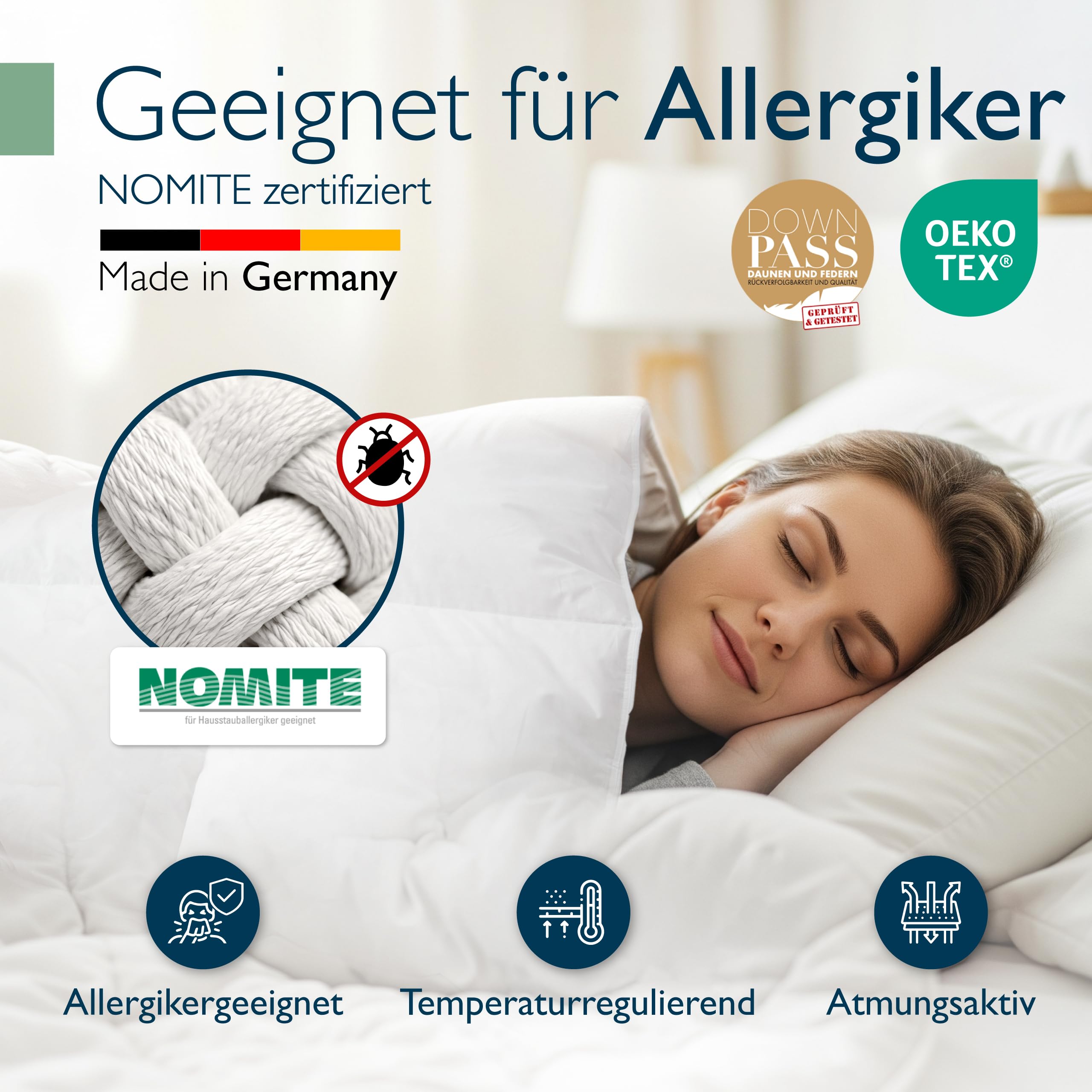 Beautissu Ganzjahresdecke Federbettdecke mit Daunen Federn Downpass Nomite | 135x200cm 100% Baumwollbezug Daunendecke waschbar Oeko-Tex Zertifiziert Ganzjahresbettdecke GF
