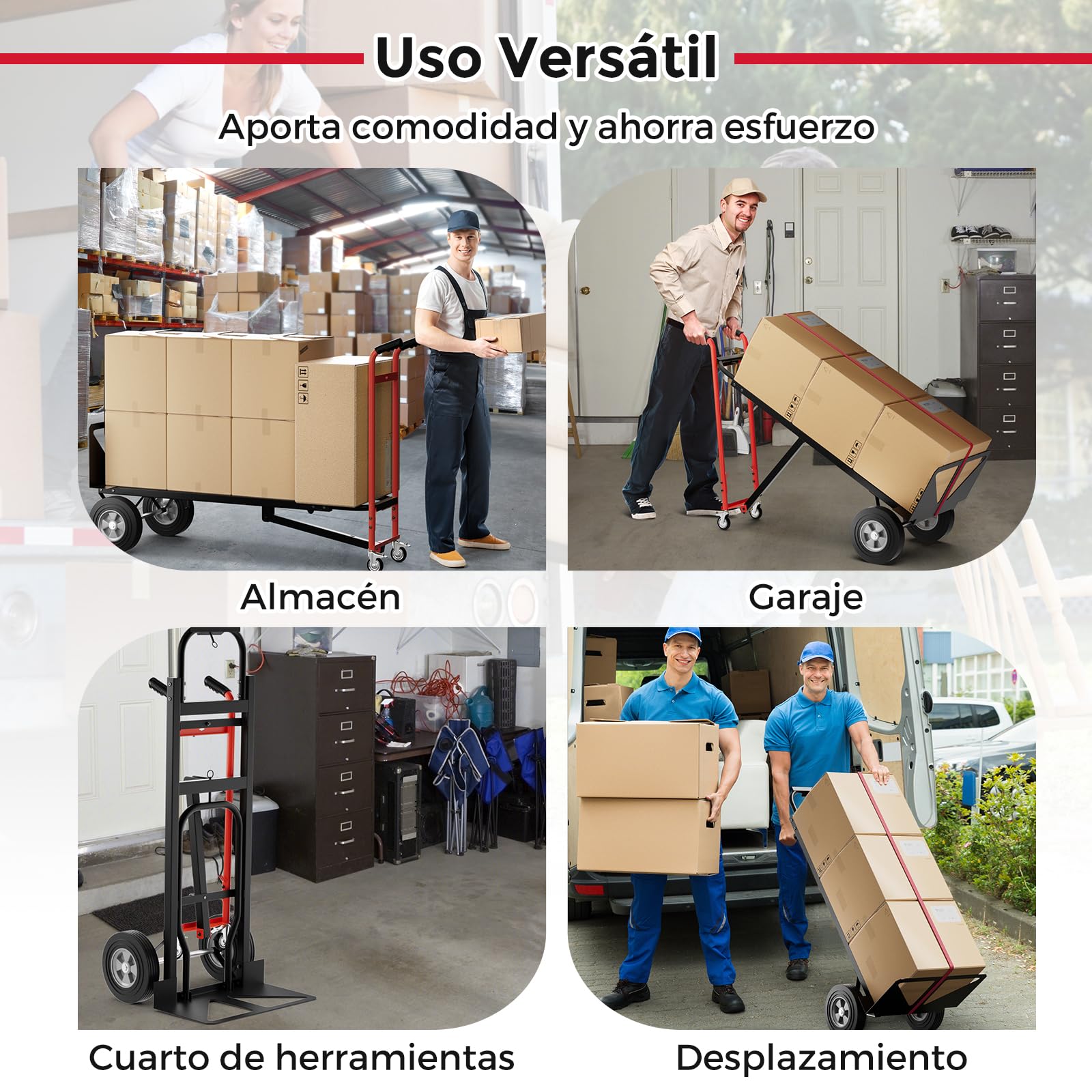 COSTWAY 3 en 1 Carretilla de Mano Plegable, Carretilla de Transporte Convertible con 4 Ruedas de Goma, Cuerda de sujeción, Carretilla de Carga Industrial con Plataforma Plegable, Carga 450 kg (Rojo)