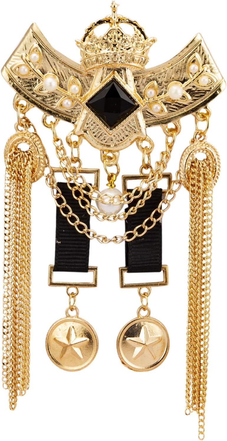Brooch Pin Gold Crown Black Stone Honorary Stars and Hanging Chain Brooch Suit Stud Lapel Pin