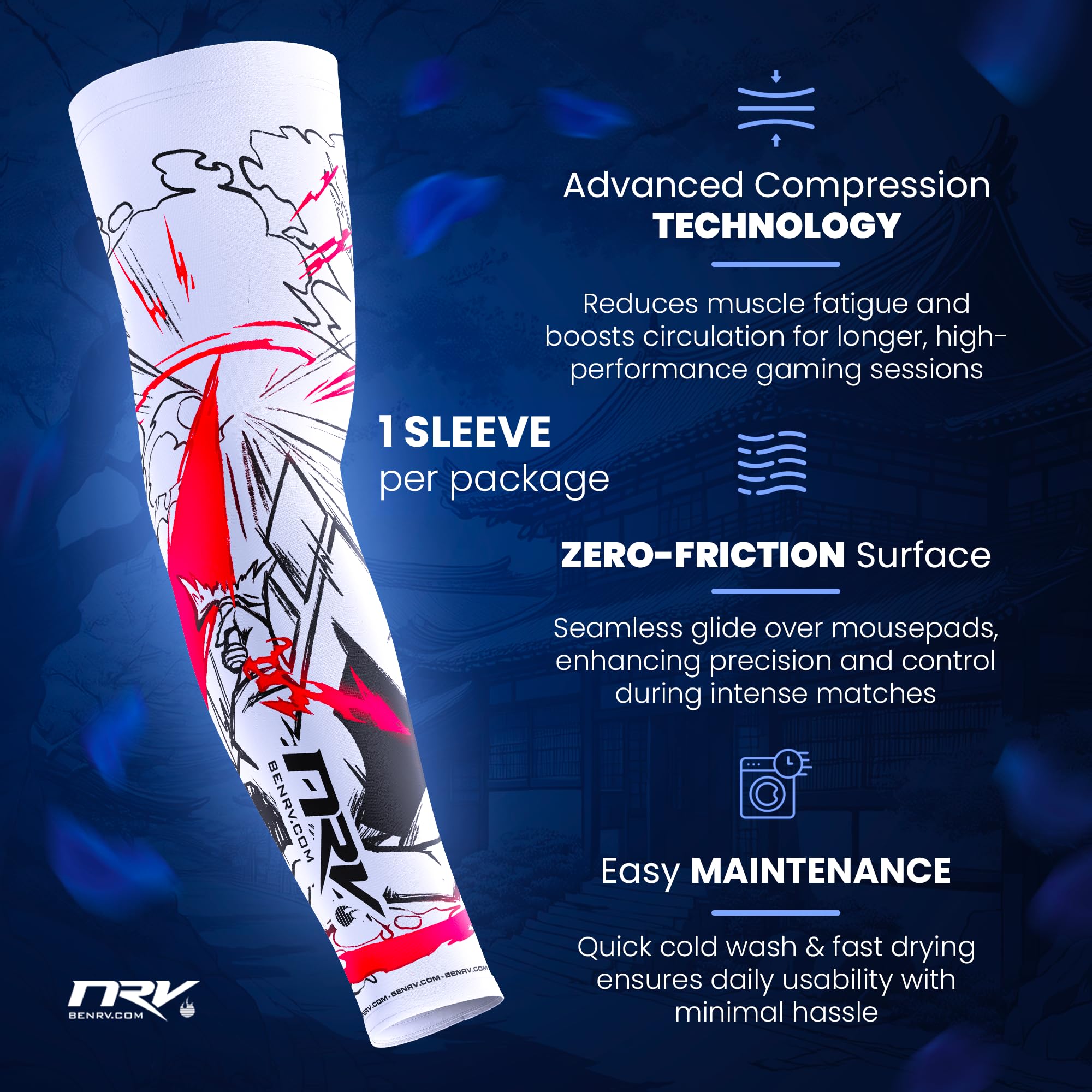 NRV Team HEROIC Puño Gaming – Comodidad y Control – Anti-Friction – Diseño Esport – Blanco & Rojo – Talla S a 3XL