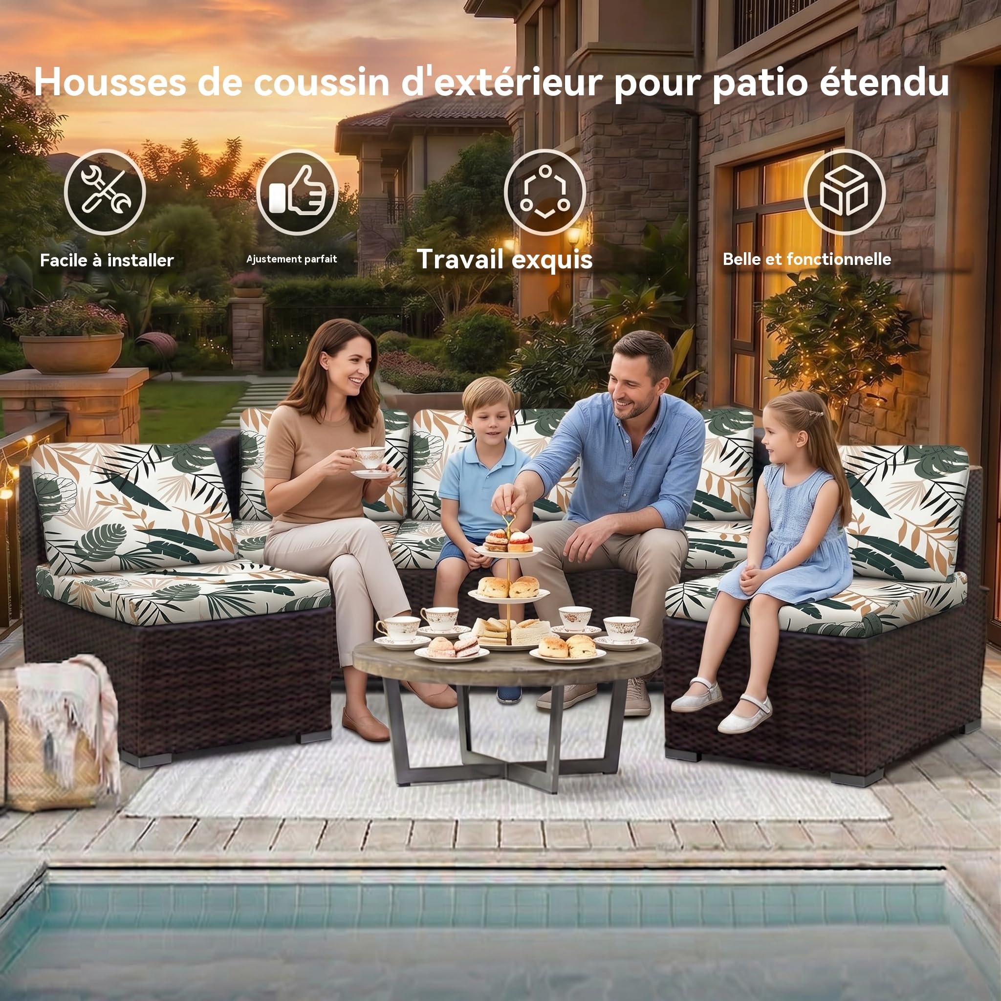 LiveGo Housse de coussin extensible pour canapé de jardin - Housse de coussin de remplacement pour mobilier d’extérieur - Protège-canapés de chaise - Souple et flexible - (8, Coconut Grove)