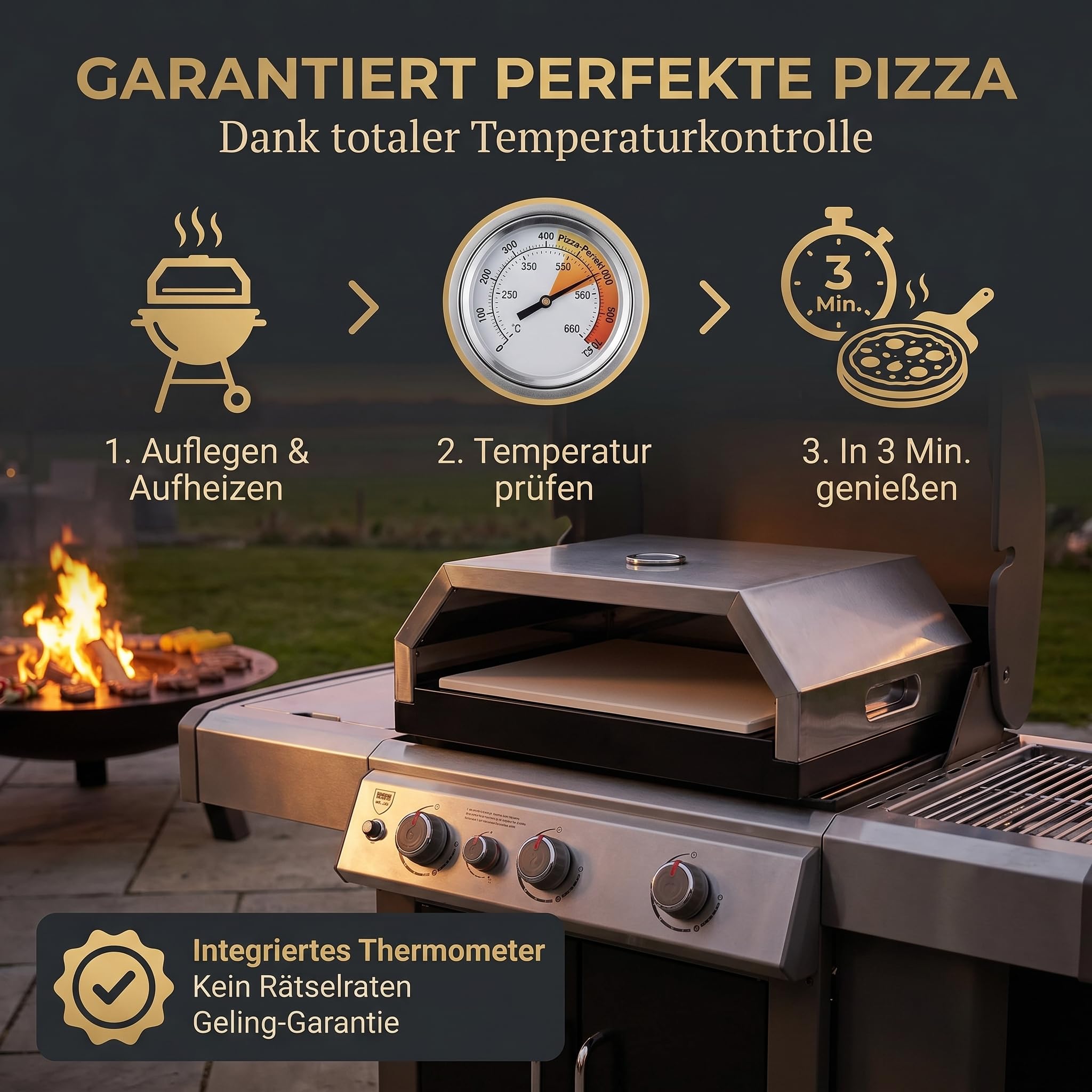 Pizzaofen aus Edelstahl mit Pizzastein für Gasgrill & Holzkohlegrill – Pizzabox für BBQ mit Thermometer (Silber)