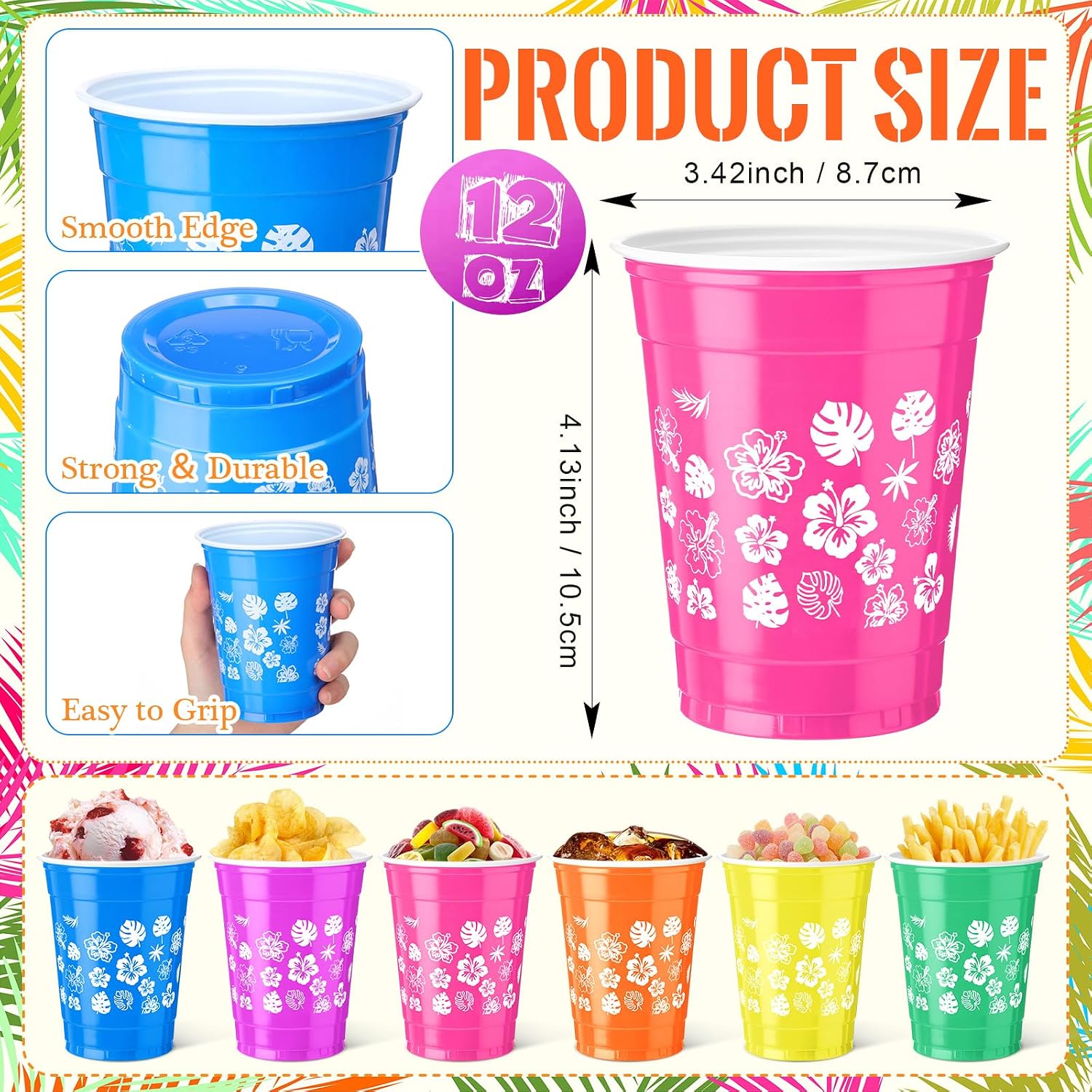 Yungyan 48 Pack 12oz Hawaiian Luau Disposable Plastic Cups Tropical Hibiscus Flower Cups Colorful Plastic Cold Drinkware Palm Leaves Drinking Cup for Summer Aloha Tiki Pool Beach Supplies