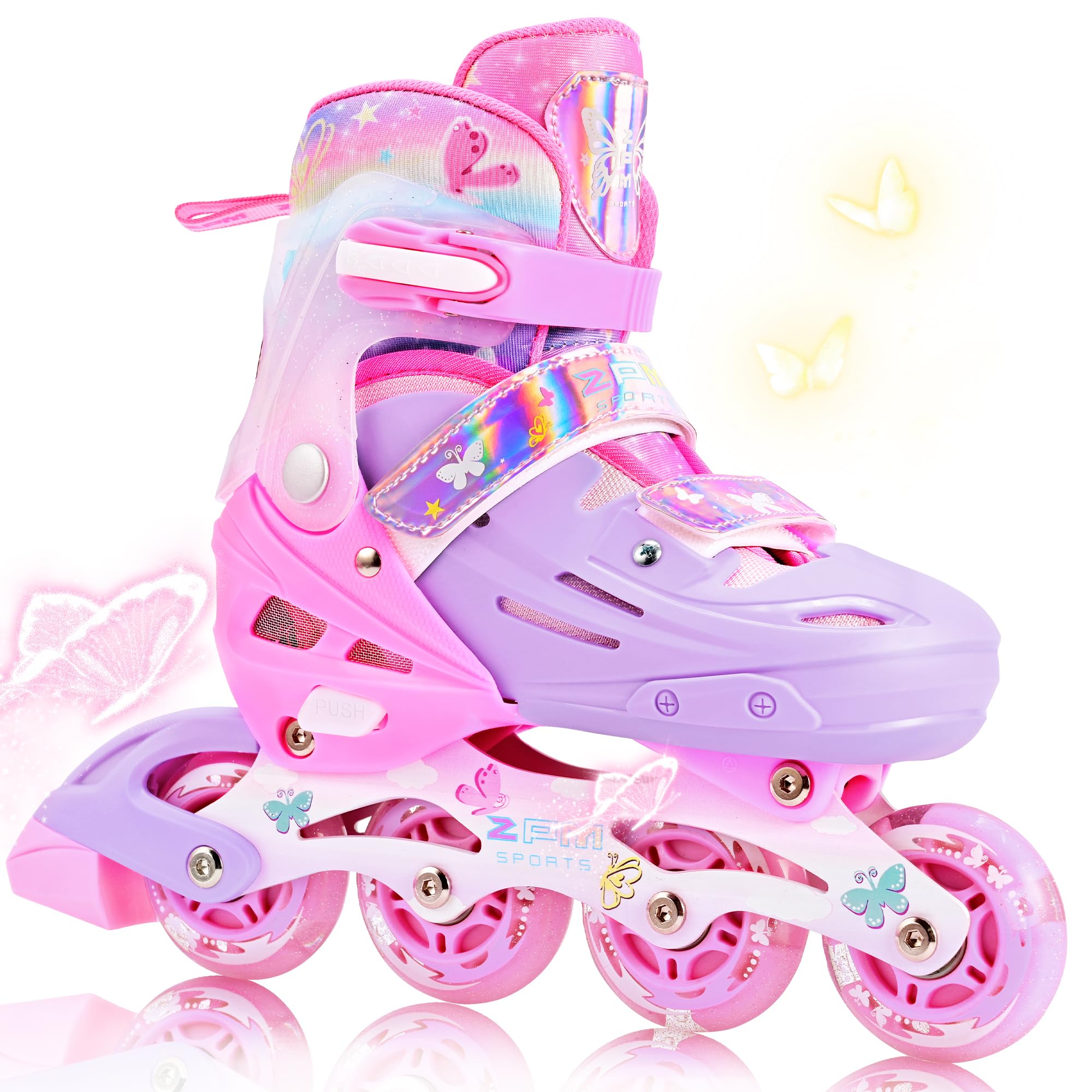 2PM SPORTS Patins à roulettes en Ligne pour Filles Enfants - Rose Bleu 4 Tailles réglables Intérieur Extérieur Débutants