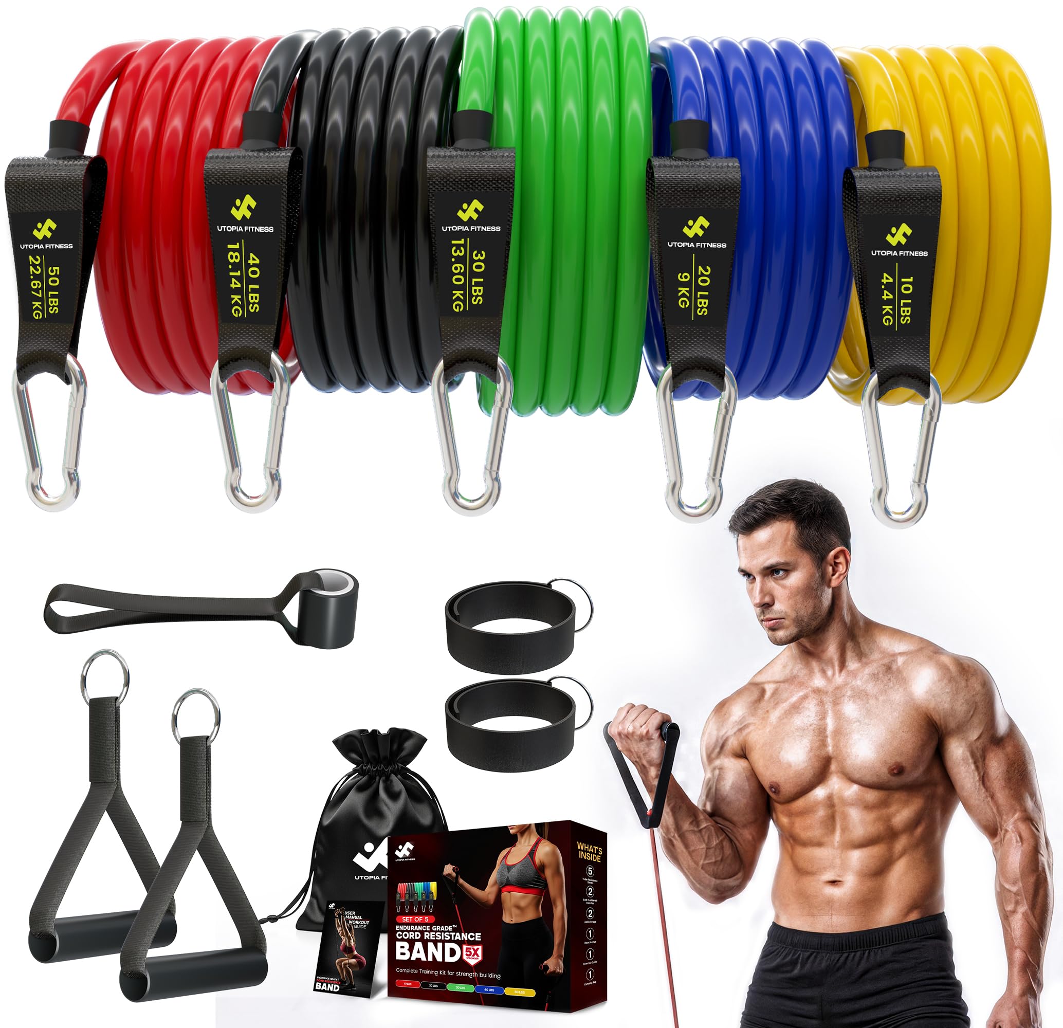 Utopia Fitness Widerstandsband, 5er-Set, für Zuhause, Fitnessstudio, Outdoor-Workout, Türanker, Knöchelriemen und Netzträger – sportlich handlich