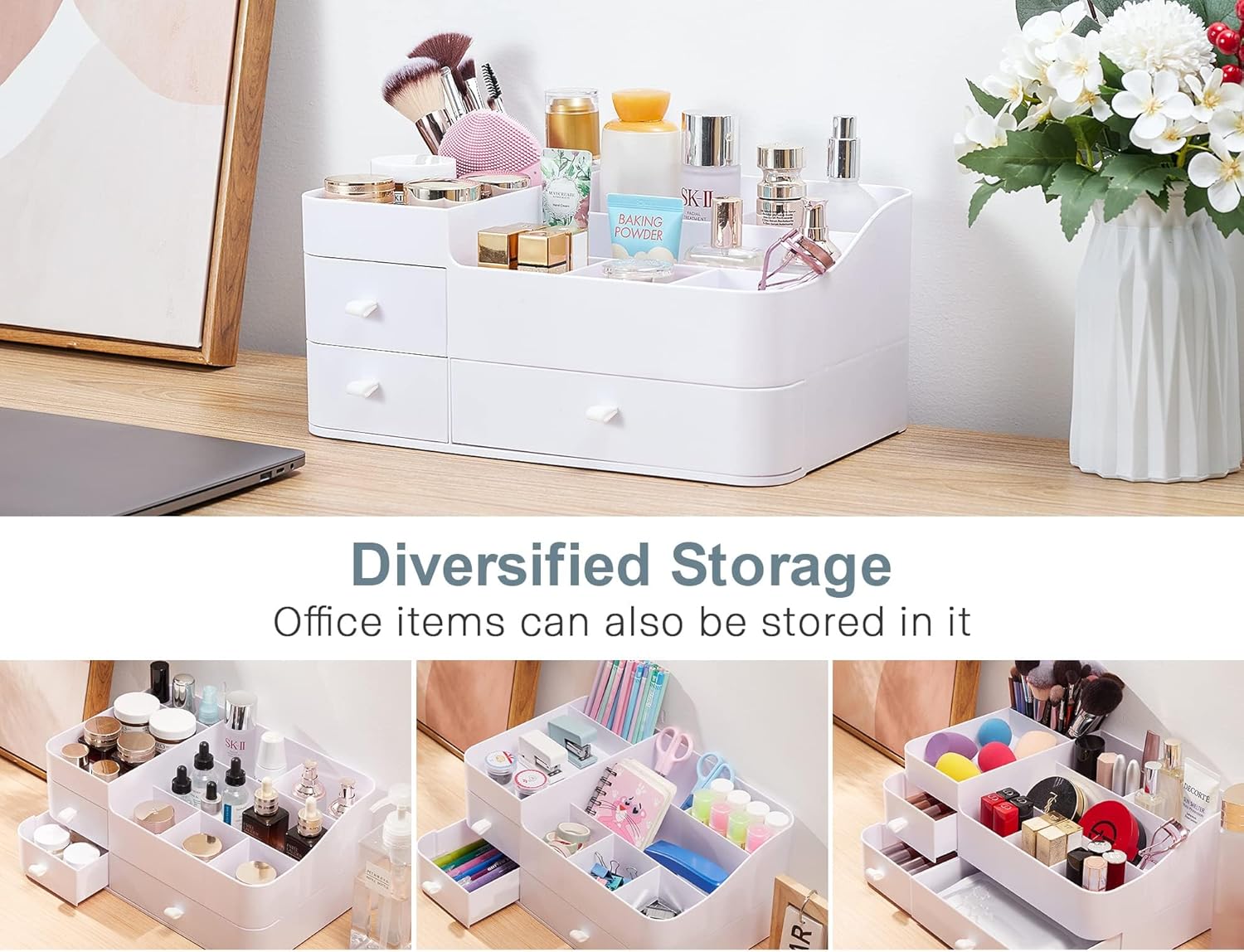 BREIS Makeup Organizer,Large Countertop Skincare Organizers for Vanity, Dresser Bathroom Organization and storage for Cosmetics Brushes Perfume Eyeshadow Lotion Gel Nail Polish Lipstick(White)