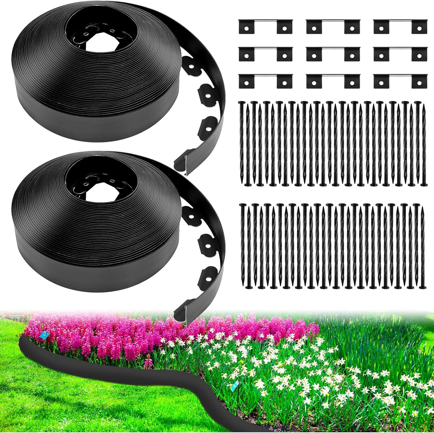 Sasylvia 2'' x 200' Landscape Edging Kit Edging Border Coil Include 120 Anchoring Spikes 10 Connectors Plastic Garden Border for Lawn Garden Grass Yard Home(Black)