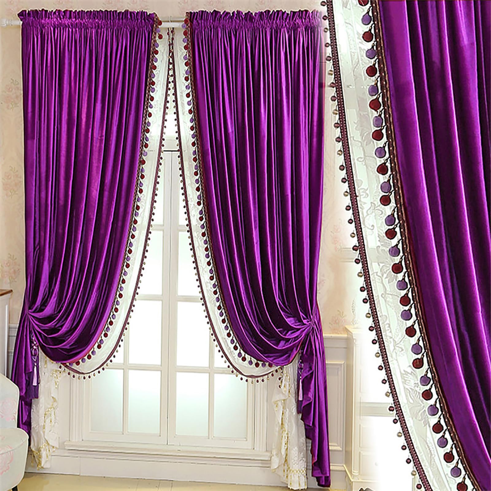 Luxury Velvet Blackout Curtains, Thermal Insulated Rod Pocket Drapes for Living Room and Bedroom, Vintage Pom Pom Tassel Decor