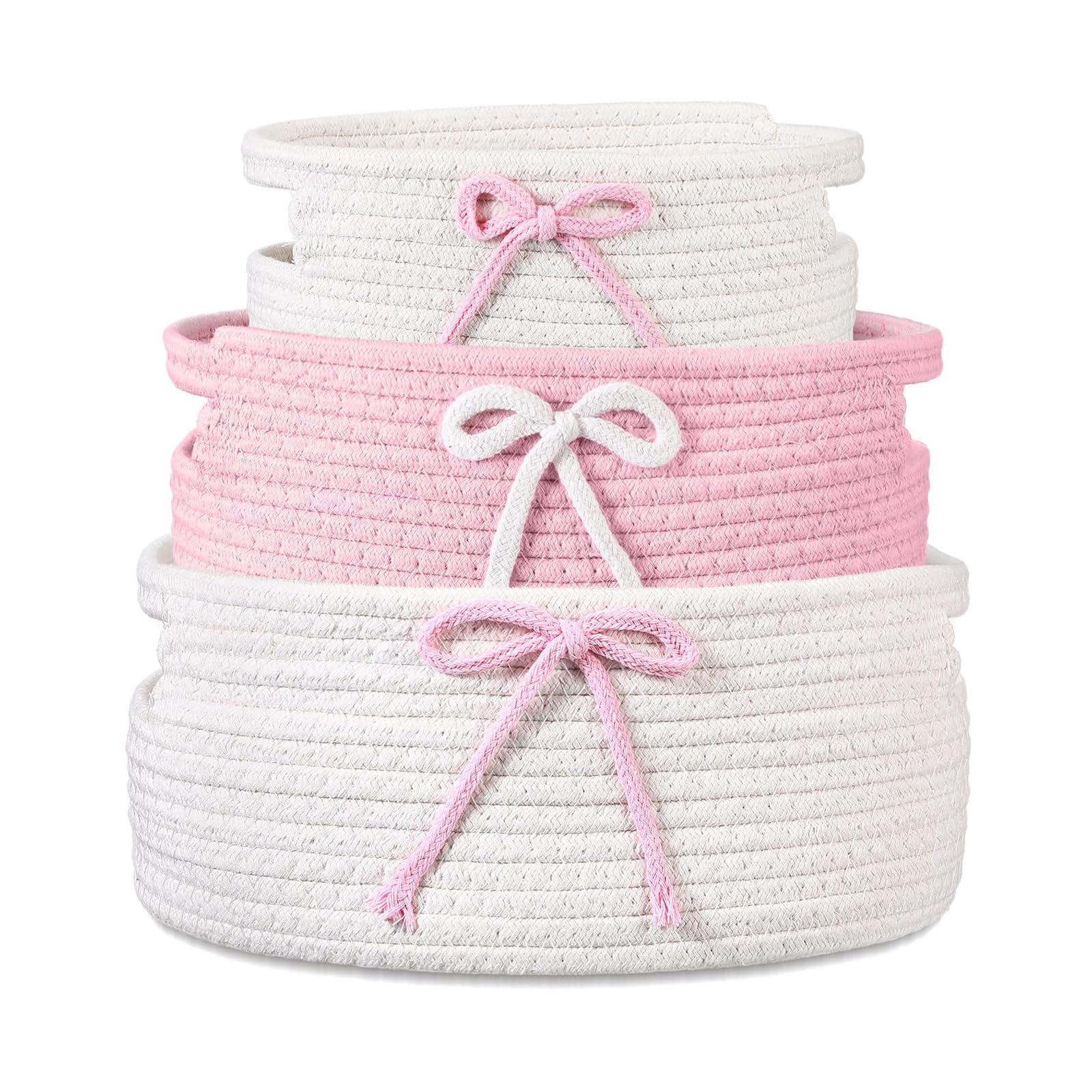 JSGHGDF 3 Pieces Fabric Storage Bins with Bowknot Accent Handwoven Basket with Handle for Clothes Toy Cosmetics Decorative Storage Bin