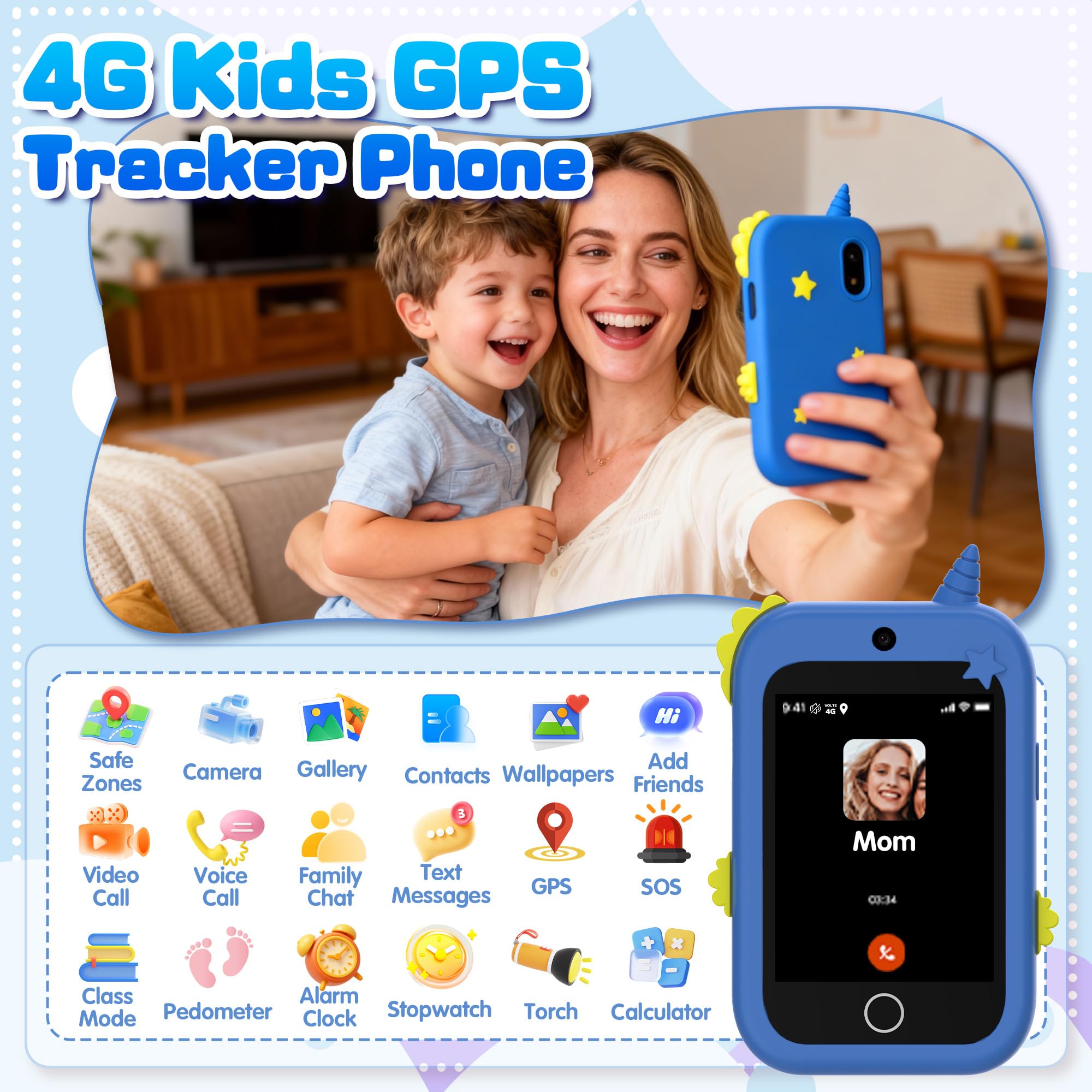 Telephone Enfant, 4G Téléphone Enfant avec GPS, Appels Vidéo, Chat Vocal, SOS, Double Caméra, Podomètre, Mode Classe, Réveil, Telephone Portable Enfant Smartphone Cadeau d'anniversaire