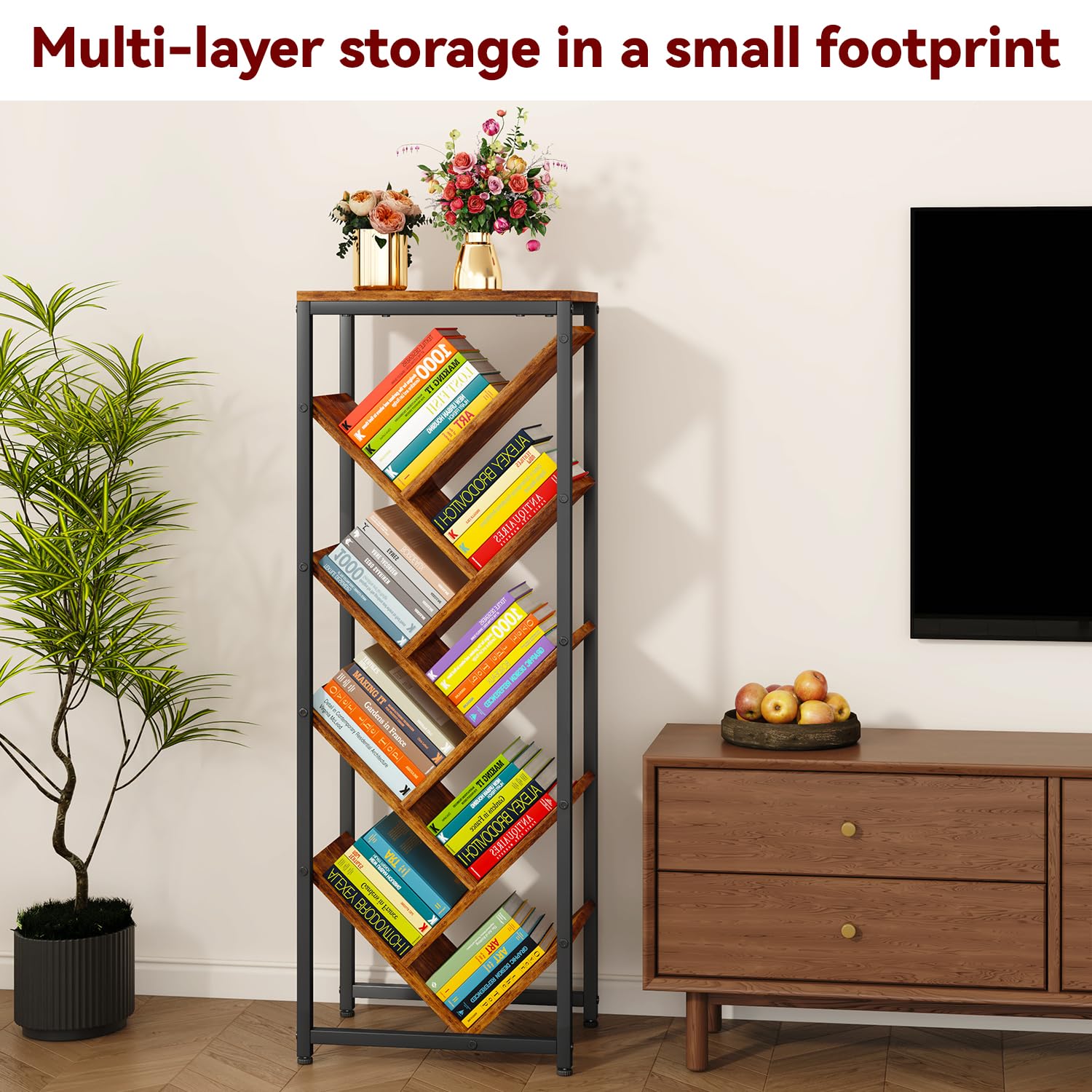 IBUYKE - Libreria ad albero a 9 ripiani, da terra, in legno, per spazi ristretti, organizer per libri/CD/film, piccola libreria angolare per camera da letto e soggiorno, marrone rustico, TBC002H