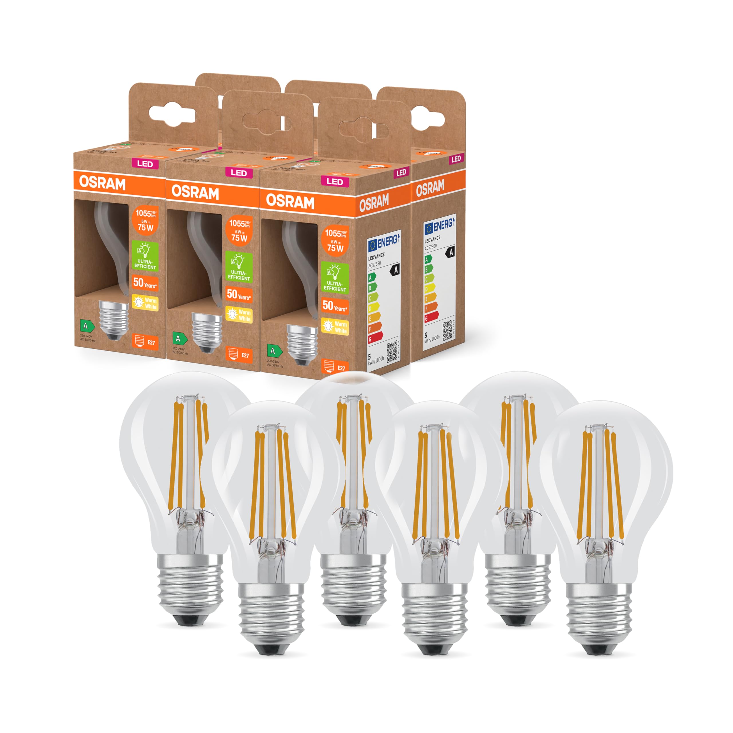 Osram LED Superstar Classic LED-Lampe A 75 in klassischer Kolbenform, klarer Glaskörper, 5 W, 1055 lm, E27 Fassung, 2700 K für warmweißes Licht, EEK A, 60 mm Durchmesser, 6-Pack