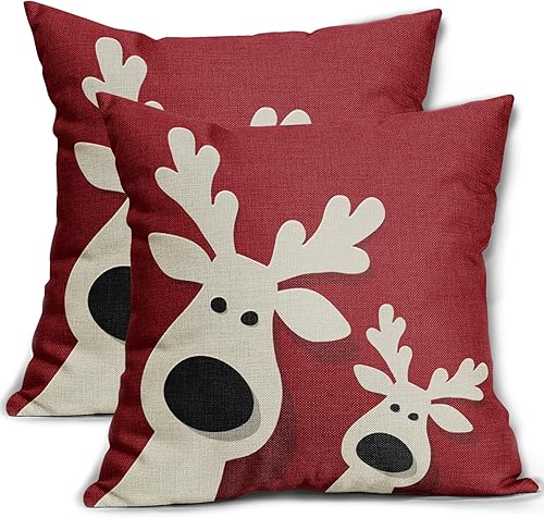 Juego de 2 fundas de almohada navideñas de 18 x 18 pulgadas, decoración de Navidad de ciervos rojos, estampado de invierno, fundas de almohada