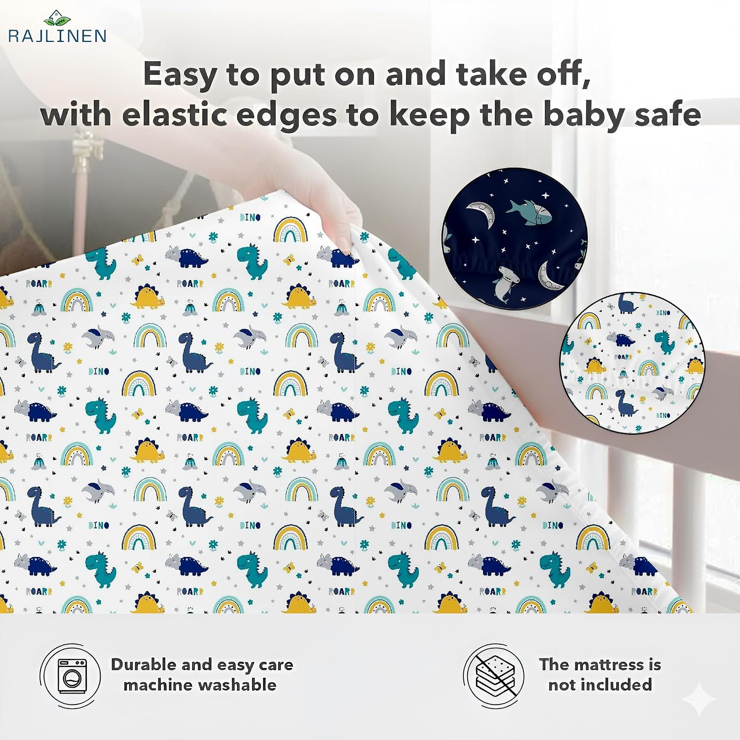 Rajlinen Crib Fitted Sheet Pack of 2, Microfiber Baby Sheets for Standard Crib and Toddler Mattress, Soft Breathable, Moonlit Sharks & Dino World Print, 52x28x8 Inches