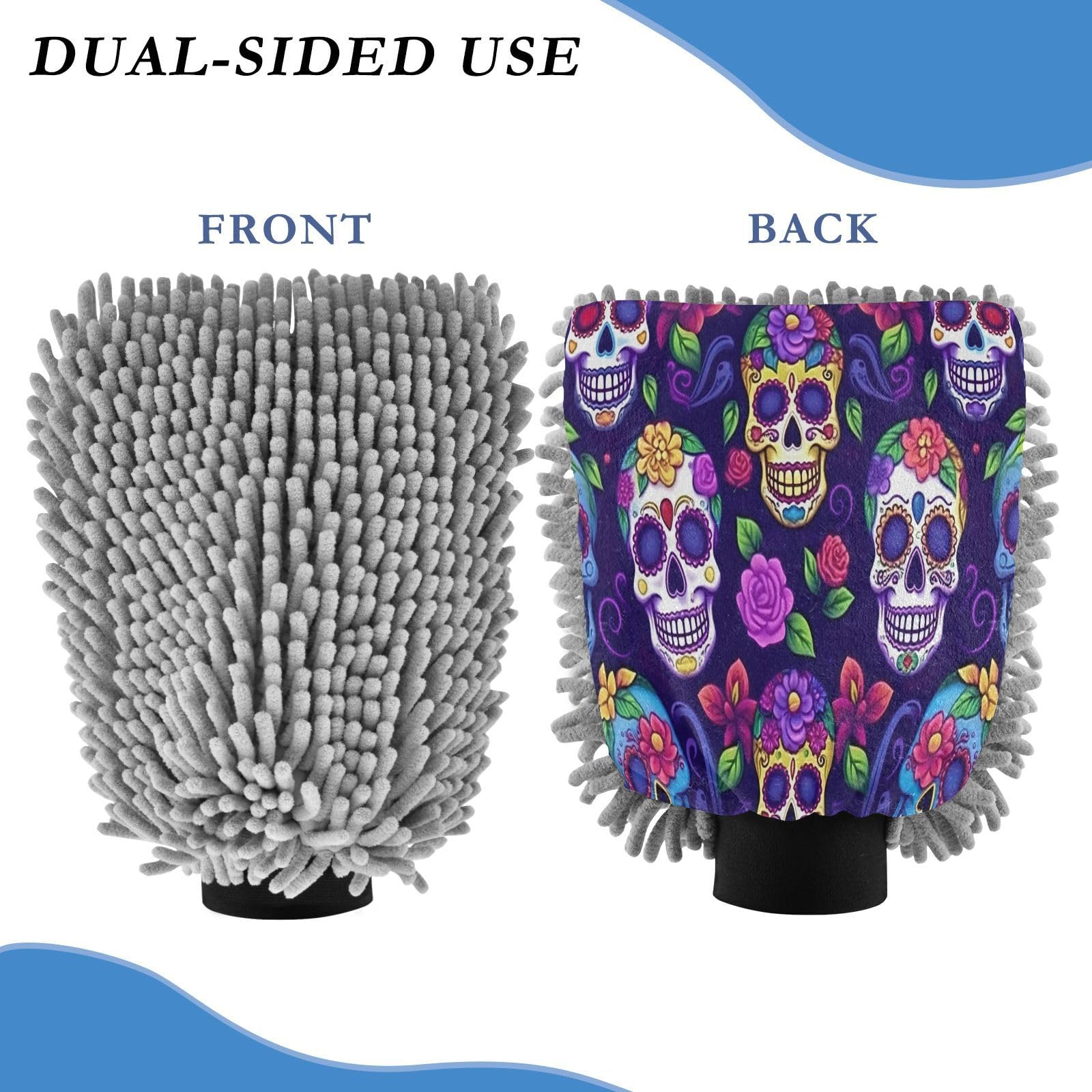 Flradish 2 Pack Skull Flower Car Wash Mitt Chenille Microfiber Lint-Free Scratch Free Ultra-Soft Absorbent Car Wash Mitt 10.2x7.09 Inch