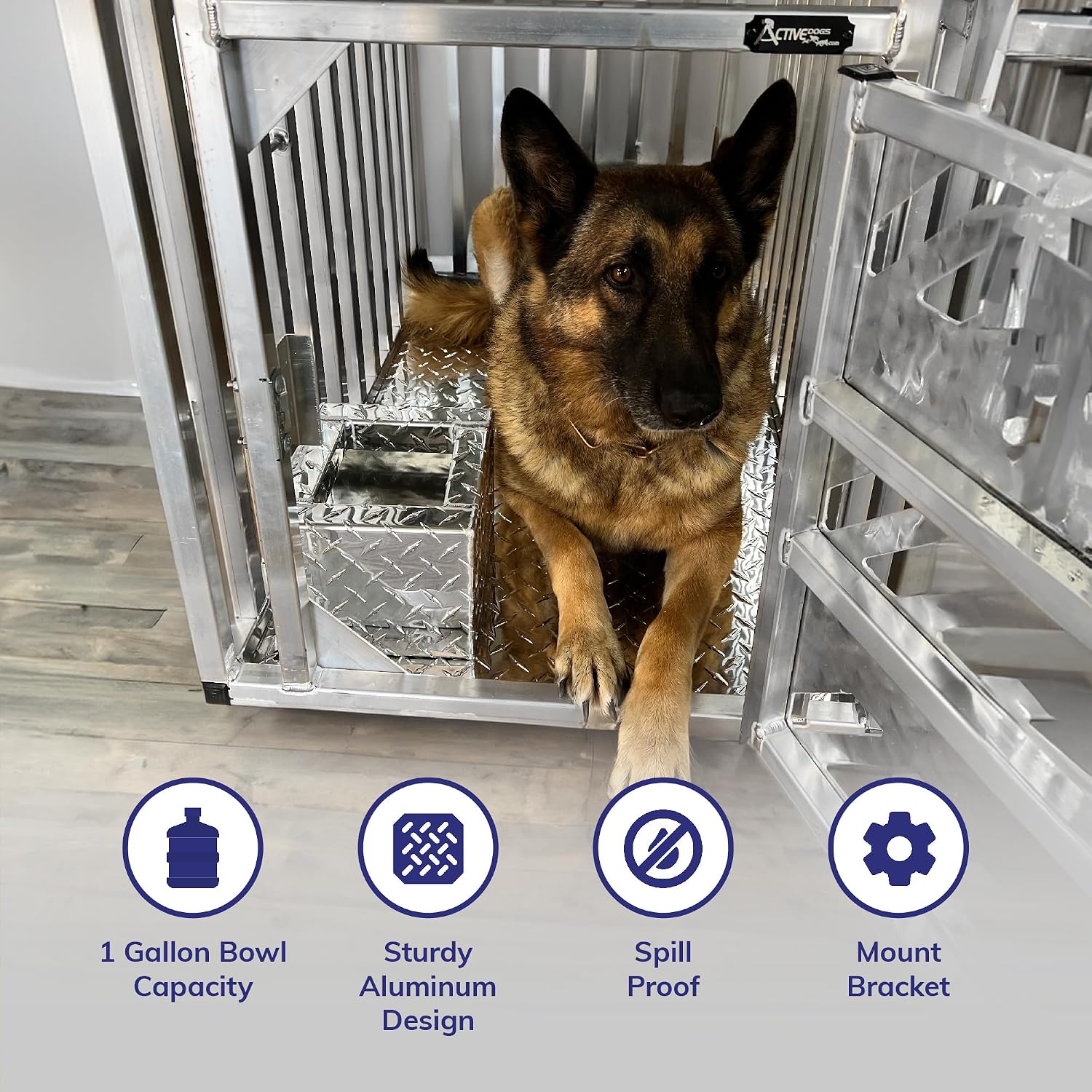 ActiveDogs Spill Proof Aluminum 1 Gallon Dog Water Bowl, Large K9 Dish w/Drain Plug, Mounting Bracket for Wall, Kennel, Crate - Aluminum