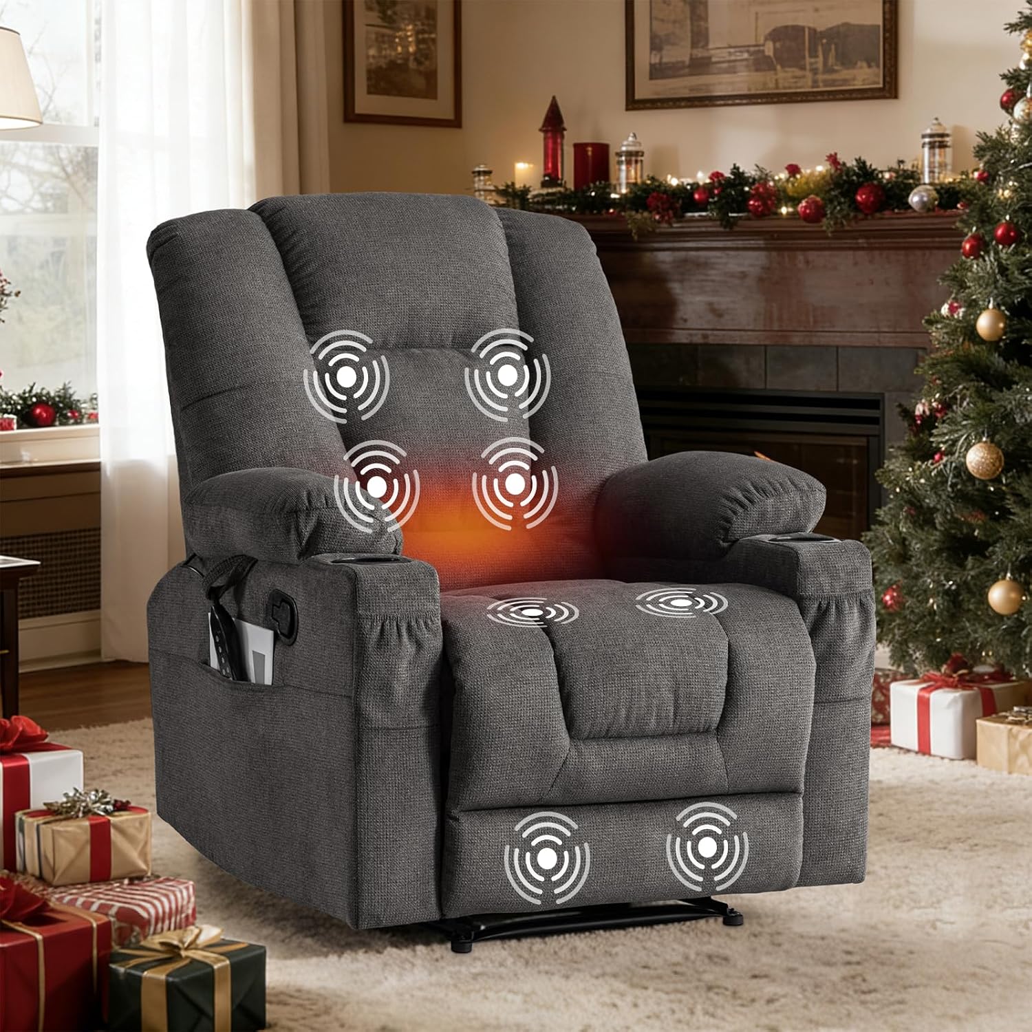 Recliner Chair with Massage and Heat,Chenille Recliner Sofa Chairs for Adults,Wall Hugger Recliners for Living Room, Reclining Armchairs with Cupholders, Dark Gray
