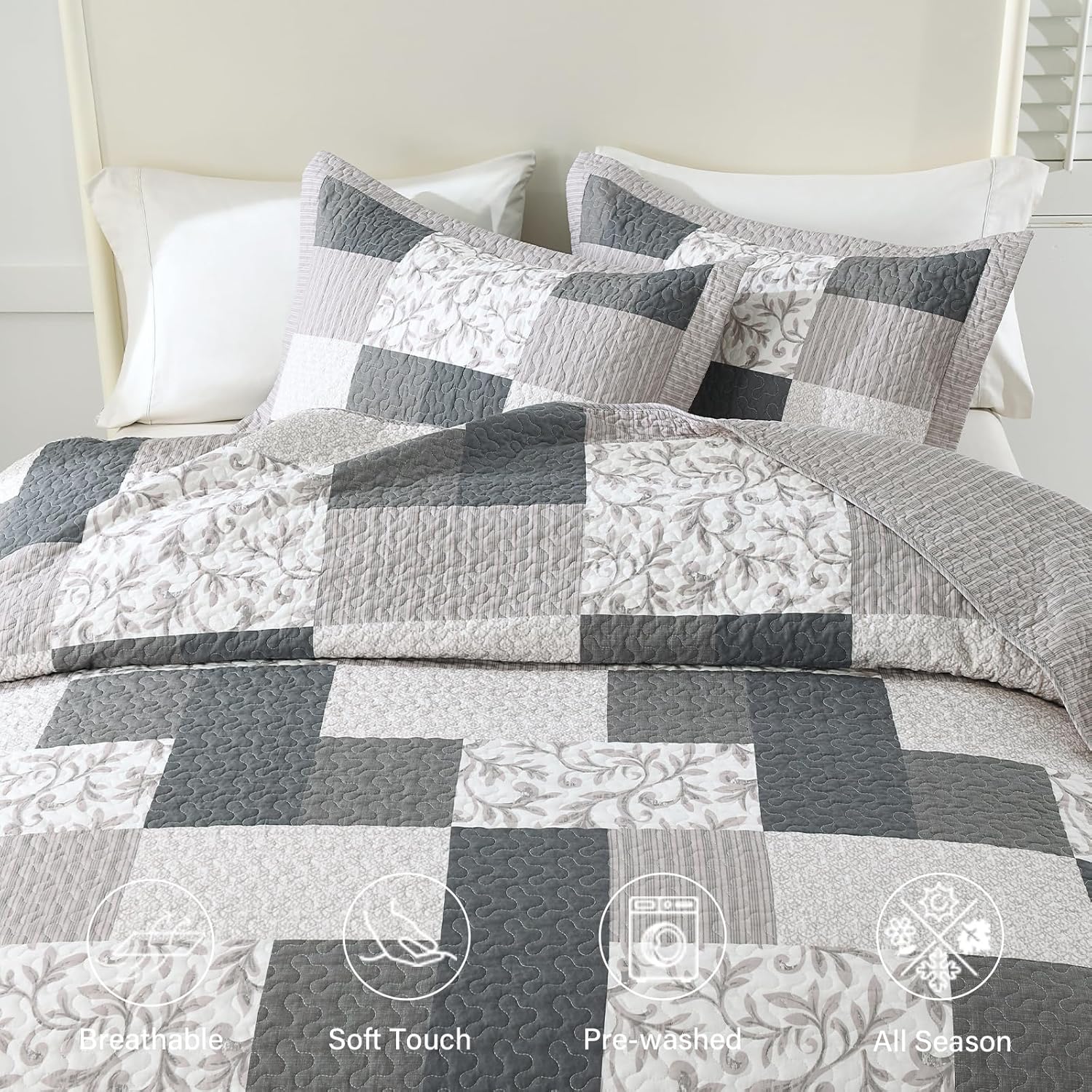 Finlonte King Quilt Bedding Set - 100% Cotton Quilts, Plaid King Size Quilt, Farmhouse Botanical Quilt Sets, Lightweight Bedspread Coverlet for All Seasons, 3 Piece, 98"x106" - Image 6