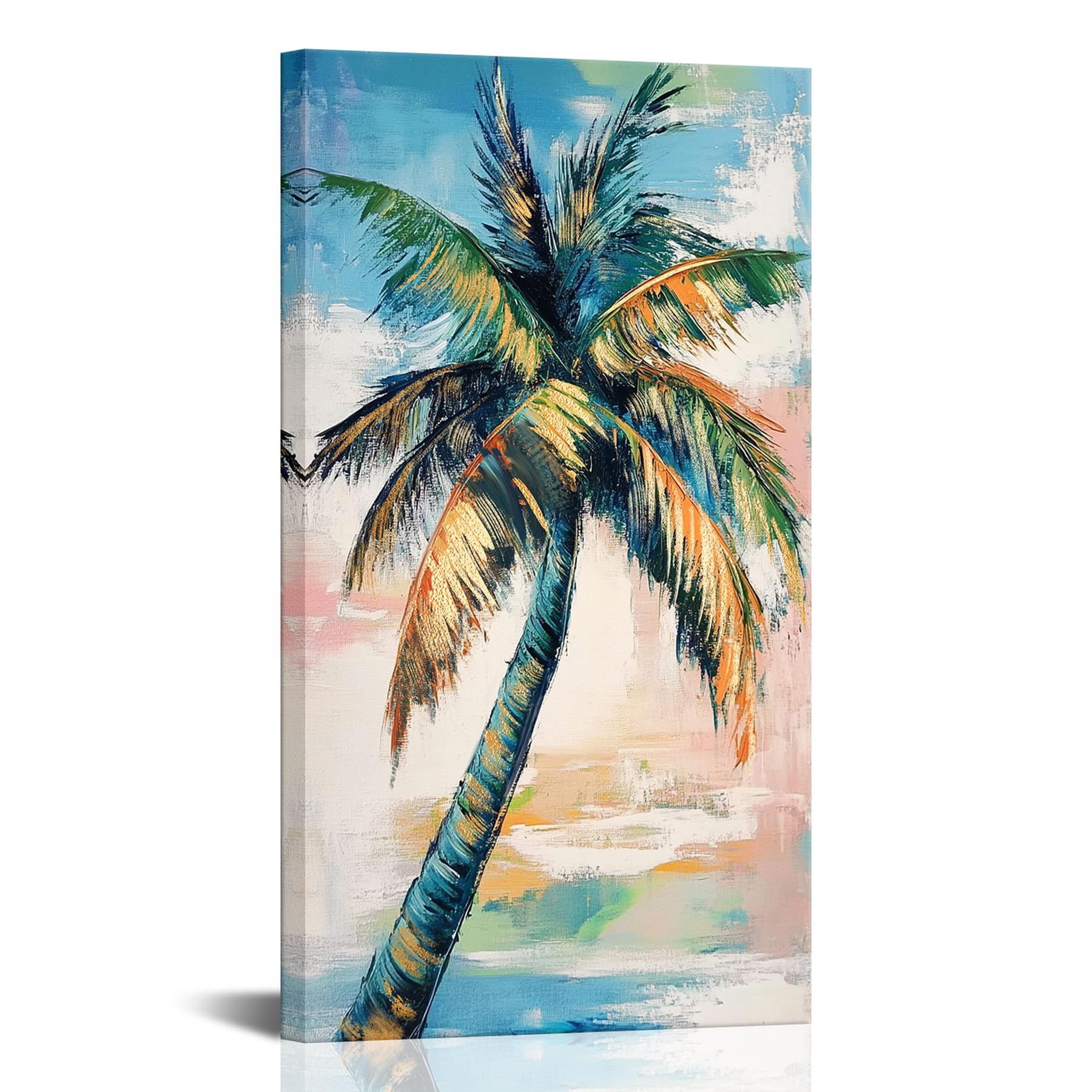 Abstract Seascape Sunrise Hand-painted oil painting Texture Printed Sunshine Ocean Wave Coastal Canvas Wall Art Framed, 20"x36" (Green)