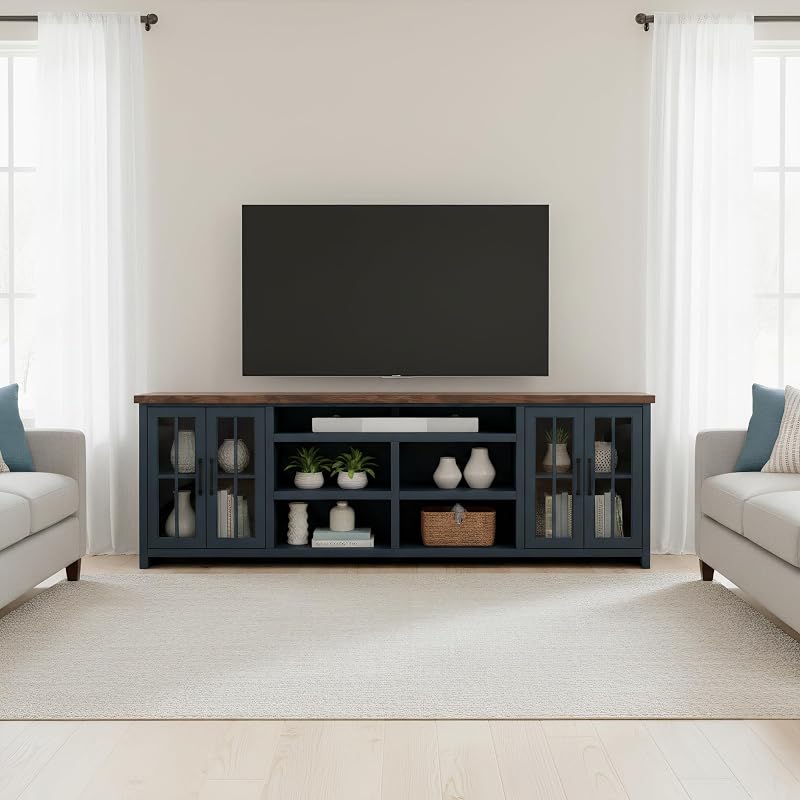 Bridgevine Home Nantucket 96 inch TV Stand Console for TVs up to 100 inches, Blue Denim and Whiskey Finish image 3