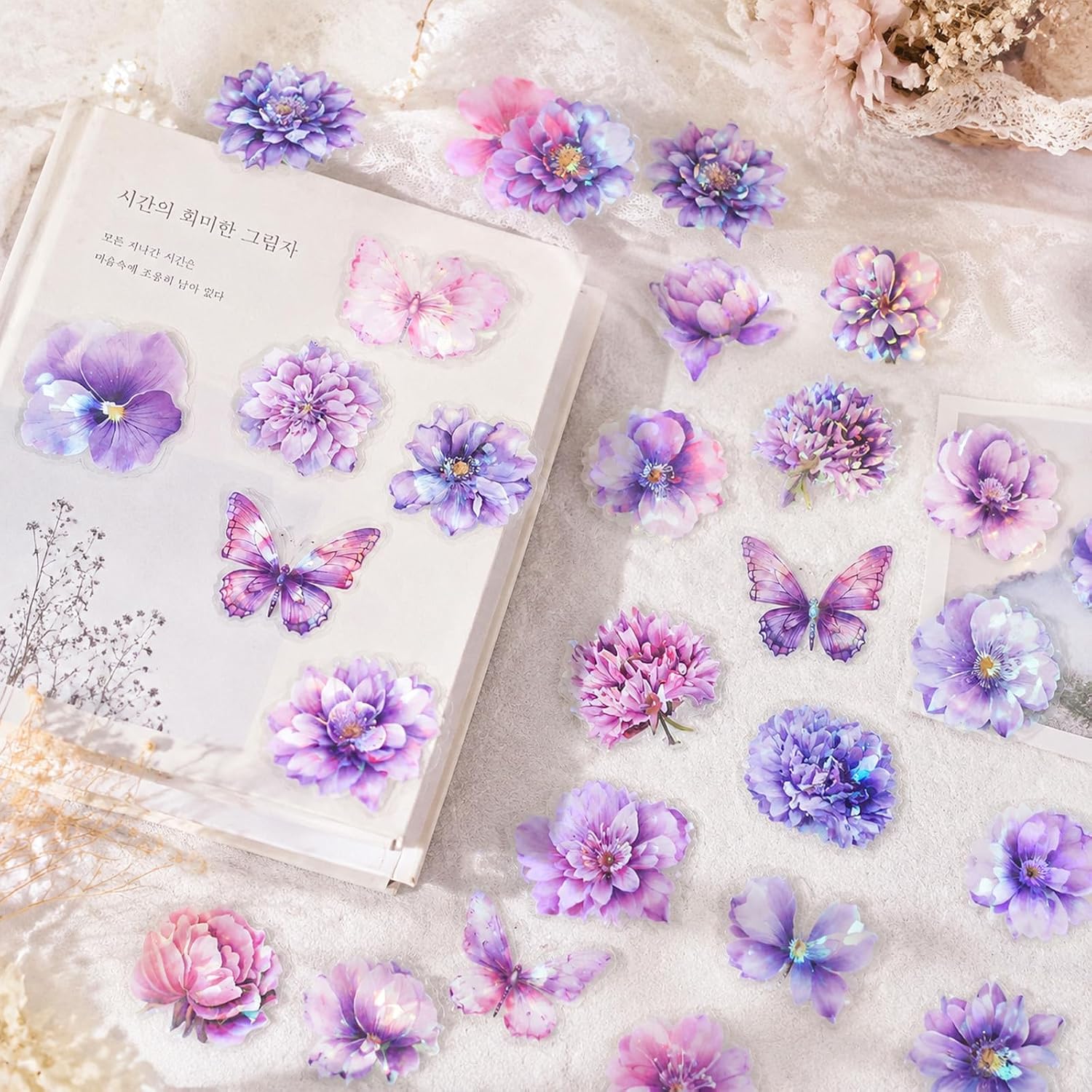 120Pcs Glitter Shiny Flower Stickers for Bullet Journaling Decoupage