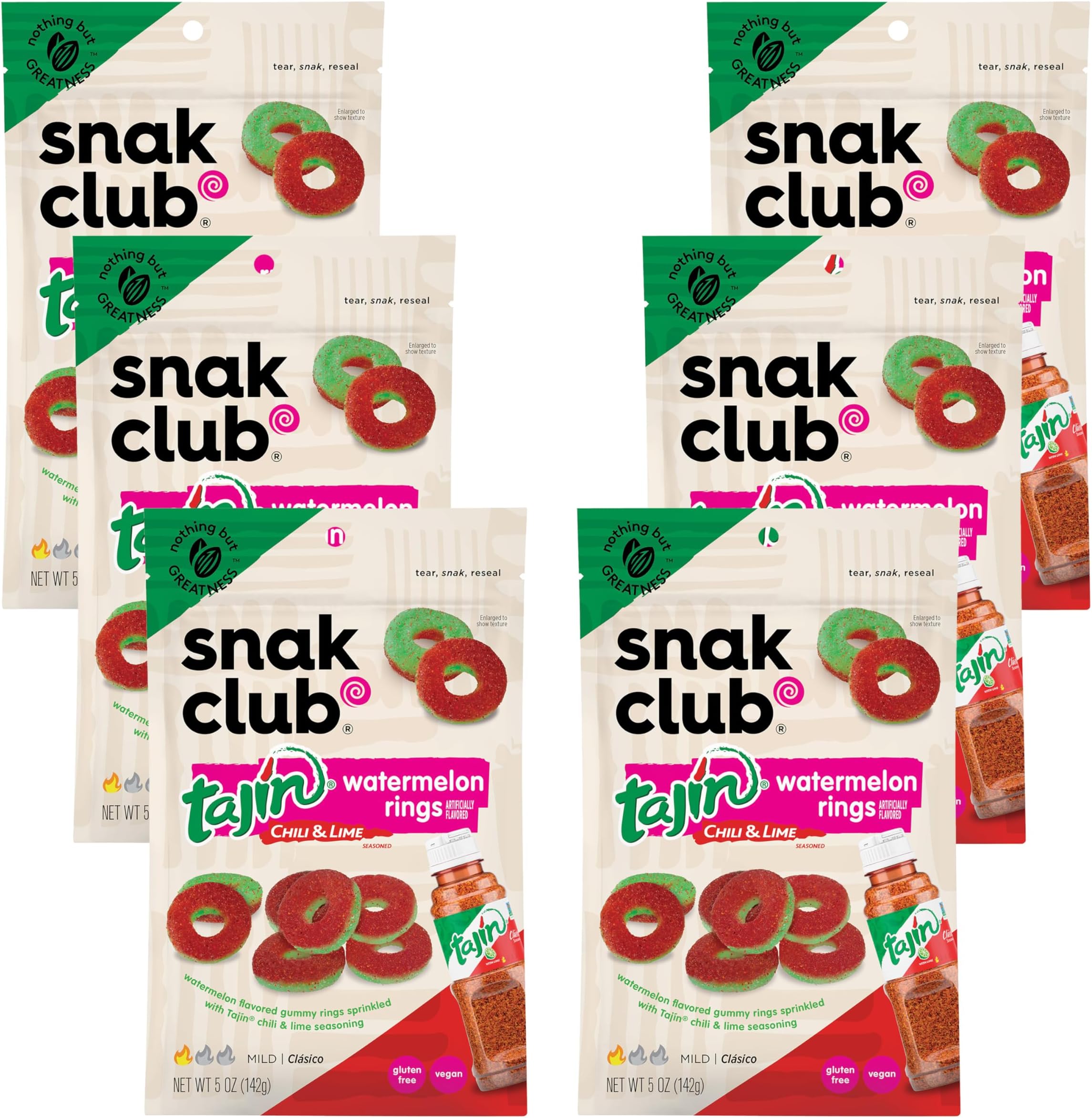 Snak Club Tajin Watermelon Rings, Chili & Lime Sweet & Spicy Gummy Snacks, Mild in Heat Bold in Flavor, Gluten-Free Snack, 5oz Resealable Bag