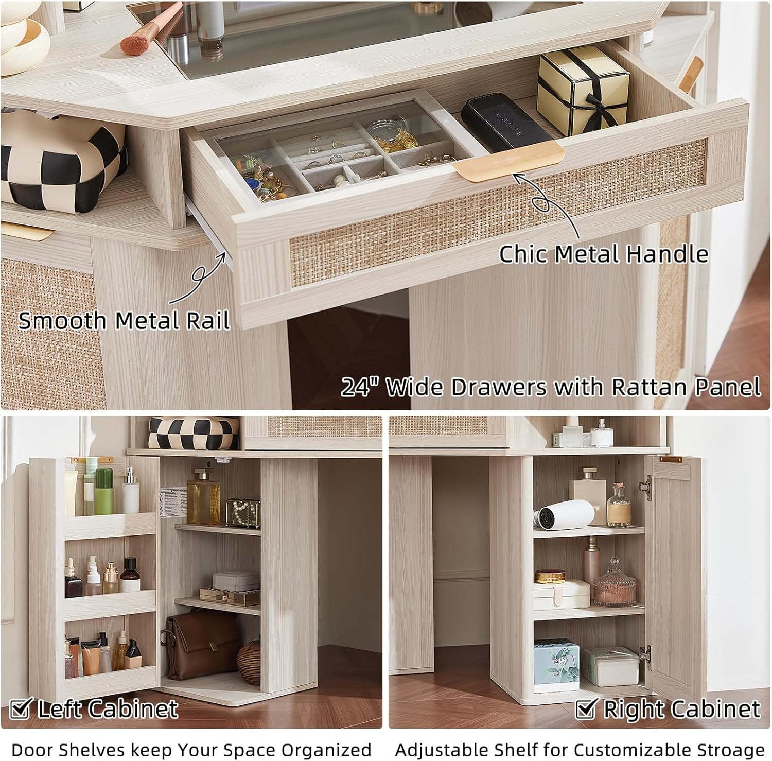 Lerliuo Corner Vanity Desk with 3 Way Mirror and Lights, 46'' Rattan Makeup Vanity with Glass Top Drawer, Boho White Make Up Storage Cabinets with Charger for Bedroom