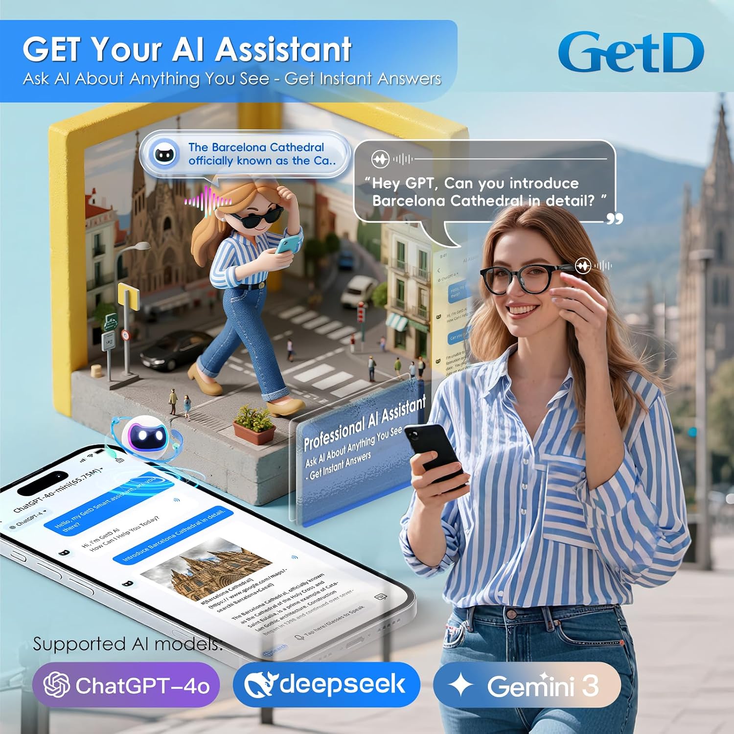 GetD AI Glasses for Men & Women, Smart Glasses Powered by ChatGPT with 74-Language Translation, Bluetooth 5.4 Glasses,Blue Light Filtering,11H Music Play for Driving, Travel, Business Daily Use