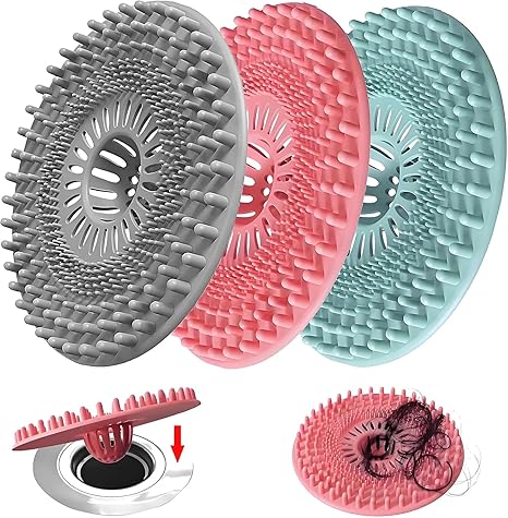 Hair Catcher Shower Drain, Bathroom Sink Stopper Hair Catcher, Silicone Shower Bathtub Drain Cover Strainer, Bath Tub Accessories Beard Trap Collector Remover Protector Essentials 3 Pack (Patented)