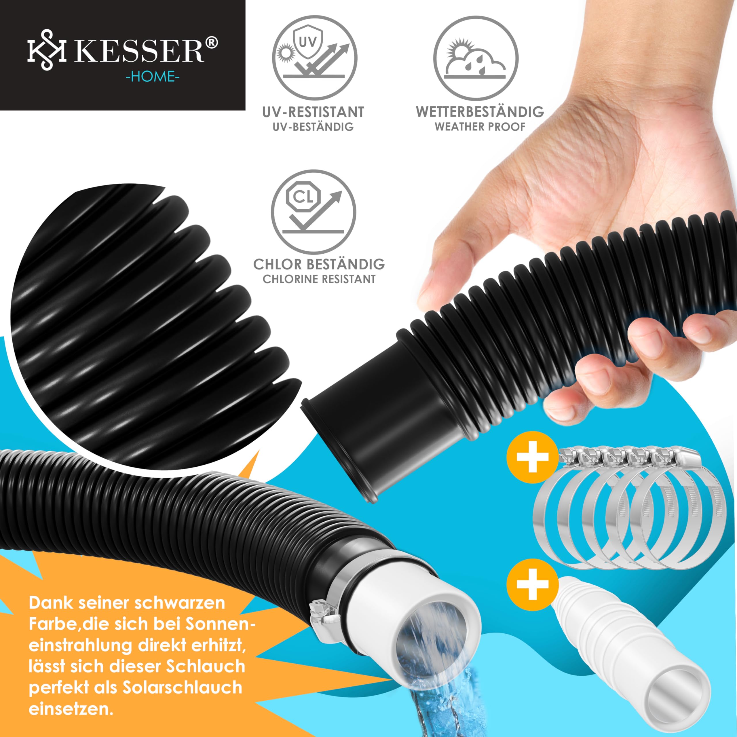 KESSER® Tuyau de bassin | Tuyau de piscine avec manchons | Tuyau solaire pour piscine et bassin | Tuyau d'aspiration | Tuyau de pompe | Tuyau d'eau flexible 8m / Ø 38mm, noir
