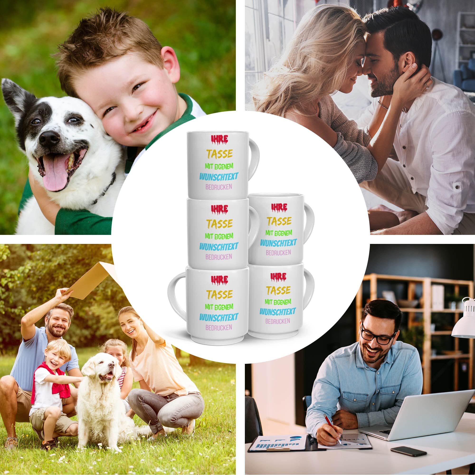 Stapel-Tassen individuell selbst gestalten - mit Text & Name bedrucken - personalisierbar für jedes Familienmitglied mit eigenem Spruch, für Kollegen - Keramik, Stapelbar 5-er Set, für 5 Personen